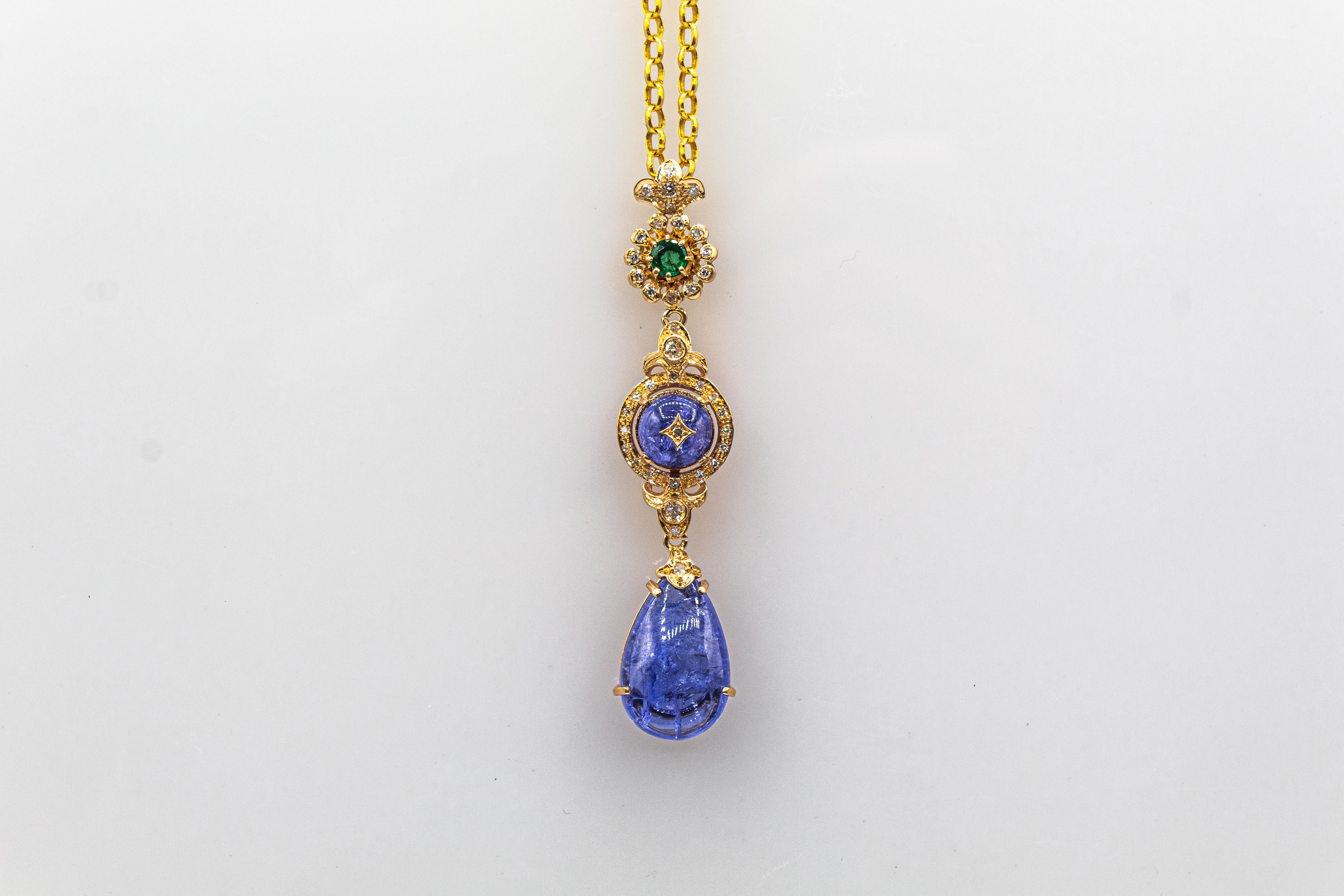 Art Deco Style White Diamond Tanzanite Emerald Yellow Gold Pendant Necklace For Sale 6