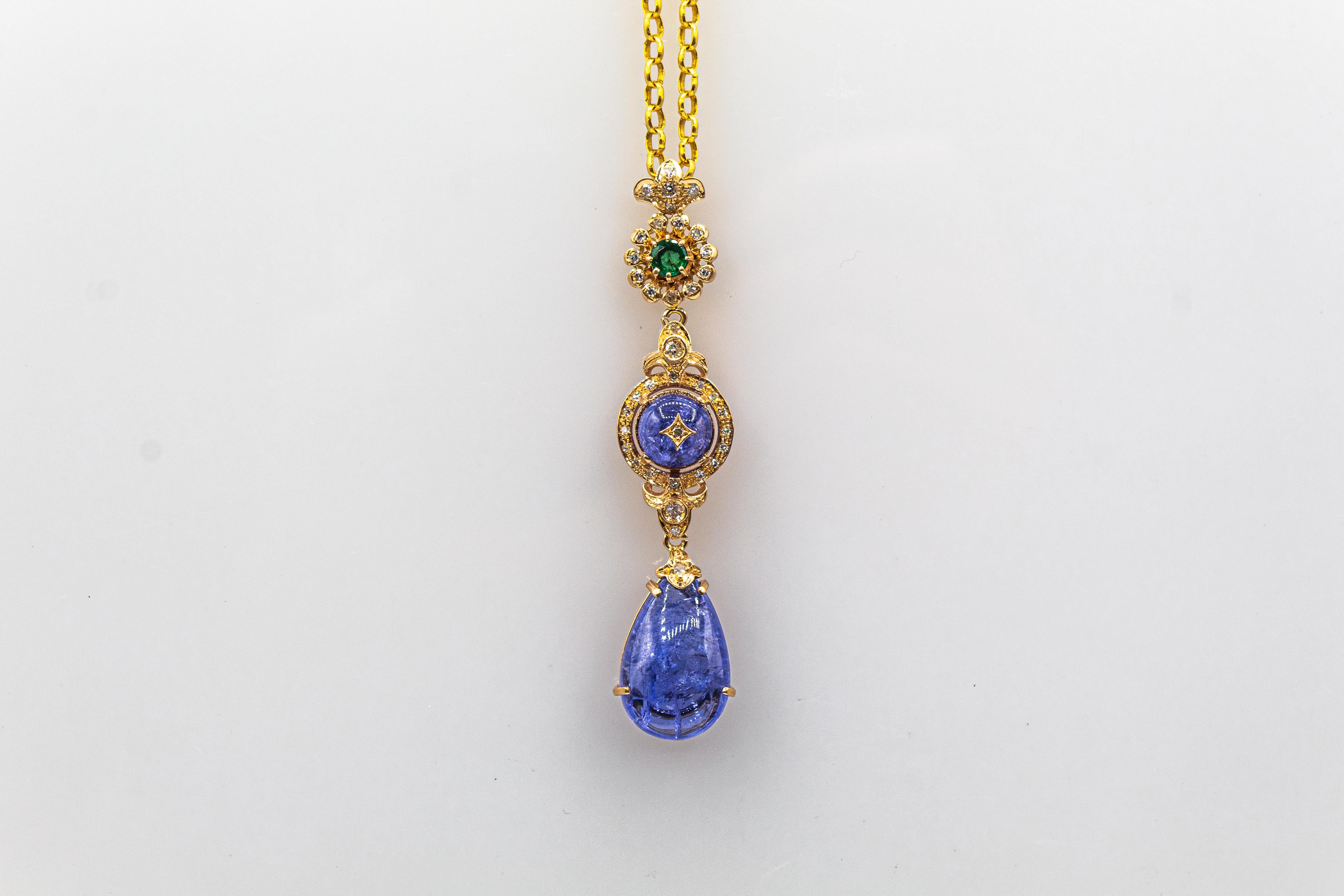 Collier pendentif de style Art déco en or jaune avec diamant blanc, tanzanite et émeraude en vente 6