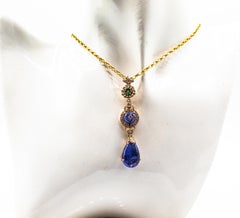 Art Deco Style White Diamond Tanzanite Emerald Yellow Gold Pendant Necklace