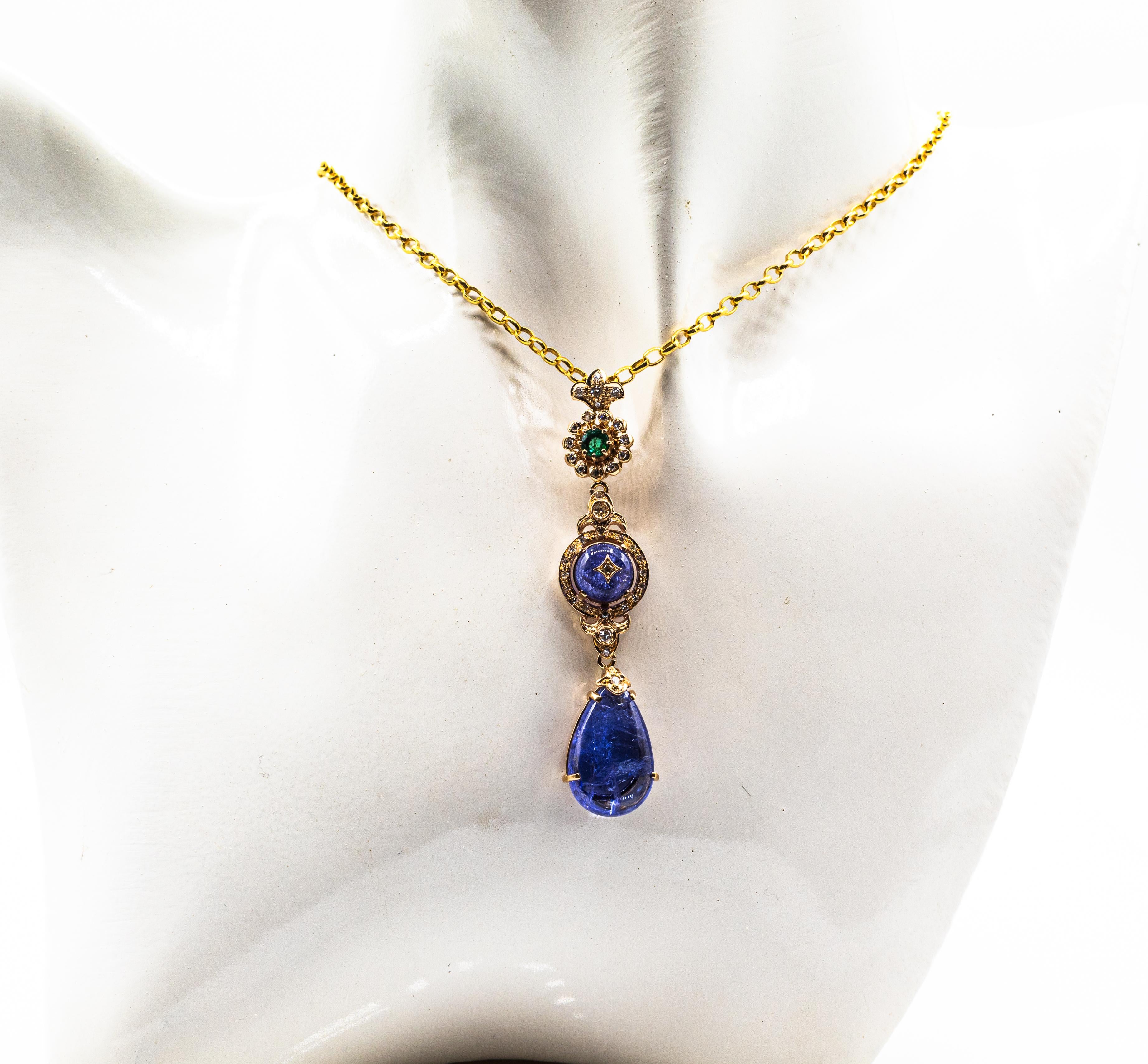 Brilliant Cut Art Deco Style White Diamond Tanzanite Emerald Yellow Gold Pendant Necklace For Sale