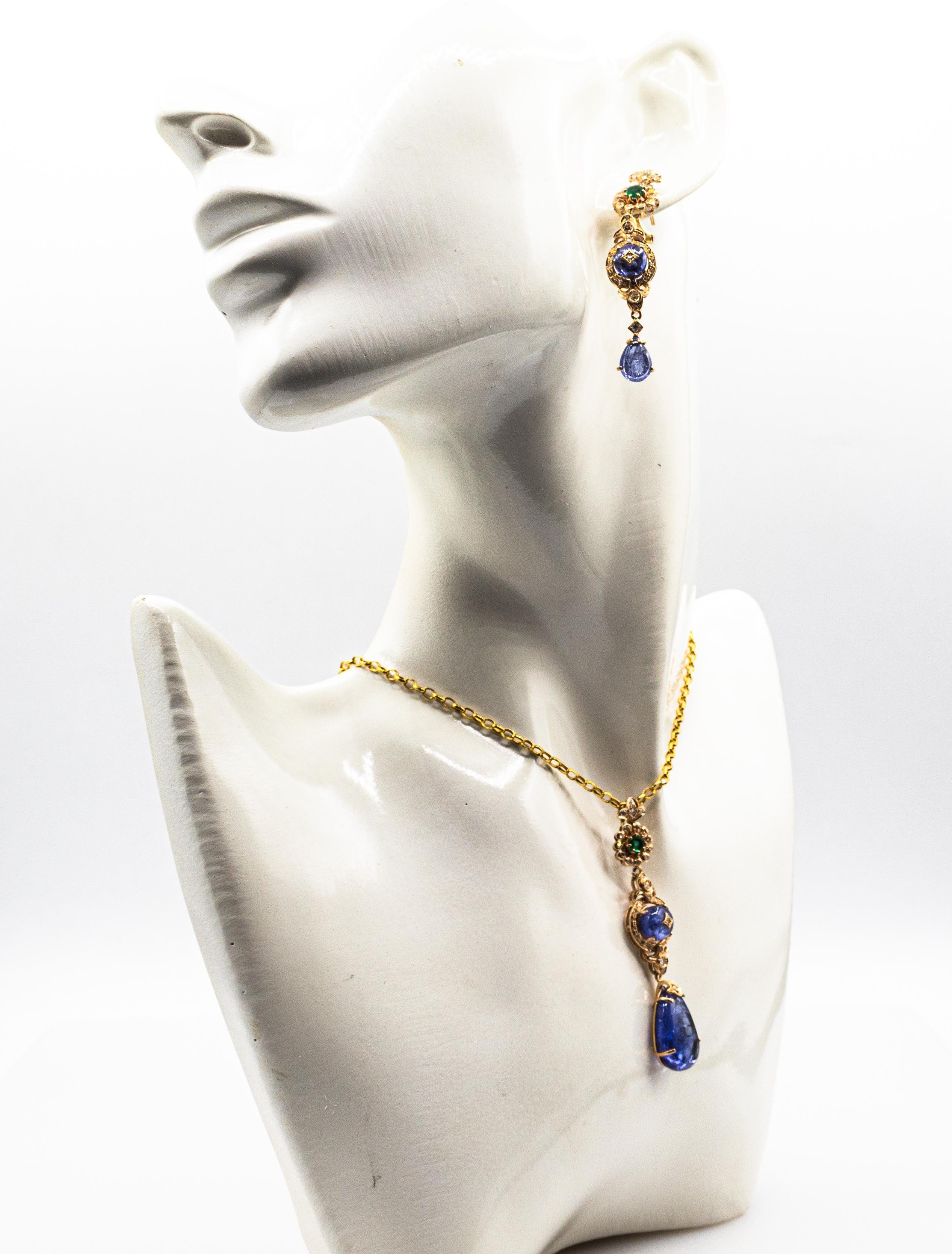 Art Deco Style White Diamond Tanzanite Emerald Yellow Gold Pendant Necklace For Sale 1