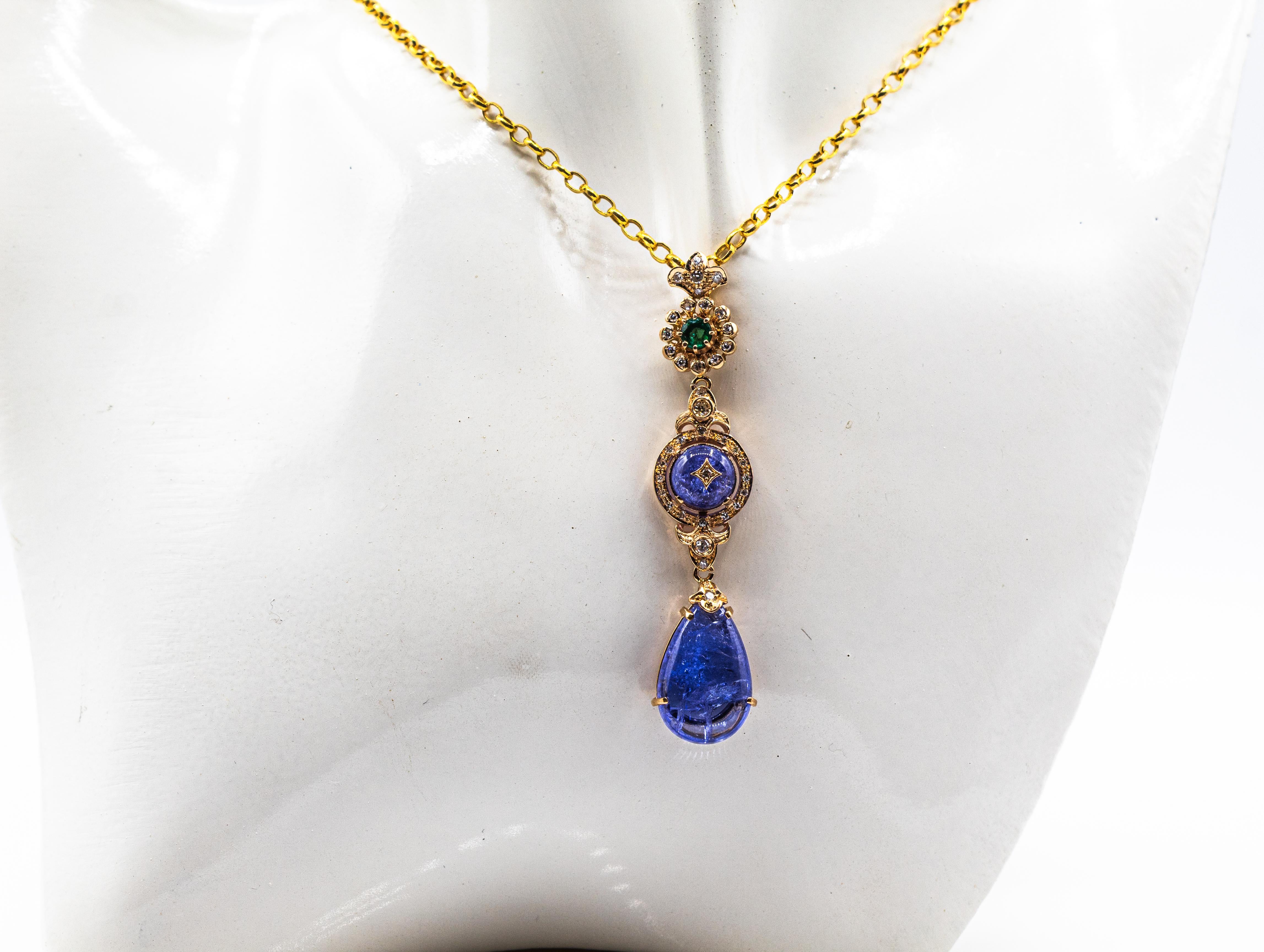 Art Deco Style White Diamond Tanzanite Emerald Yellow Gold Pendant Necklace For Sale 2
