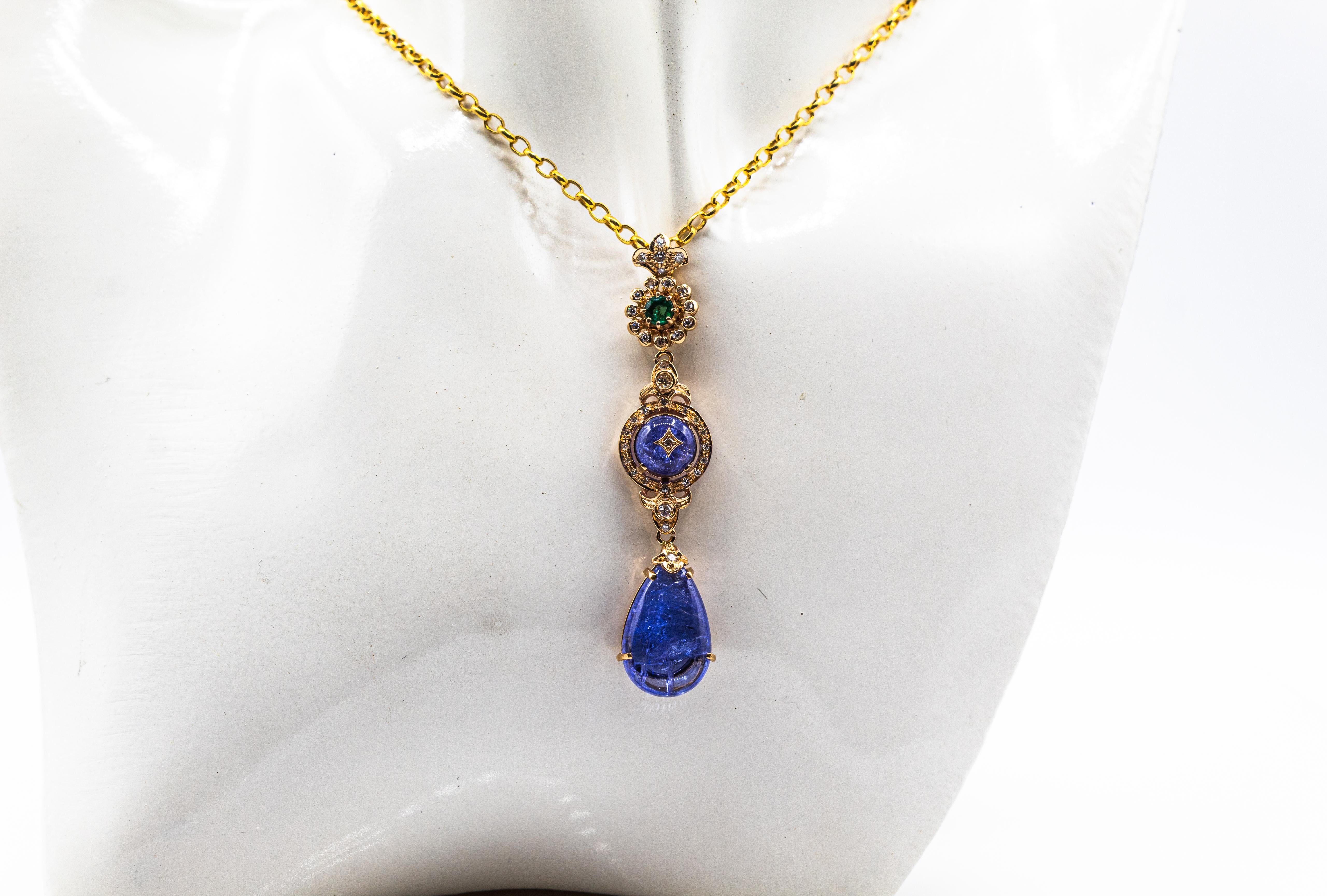 Art Deco Style White Diamond Tanzanite Emerald Yellow Gold Pendant Necklace For Sale 3