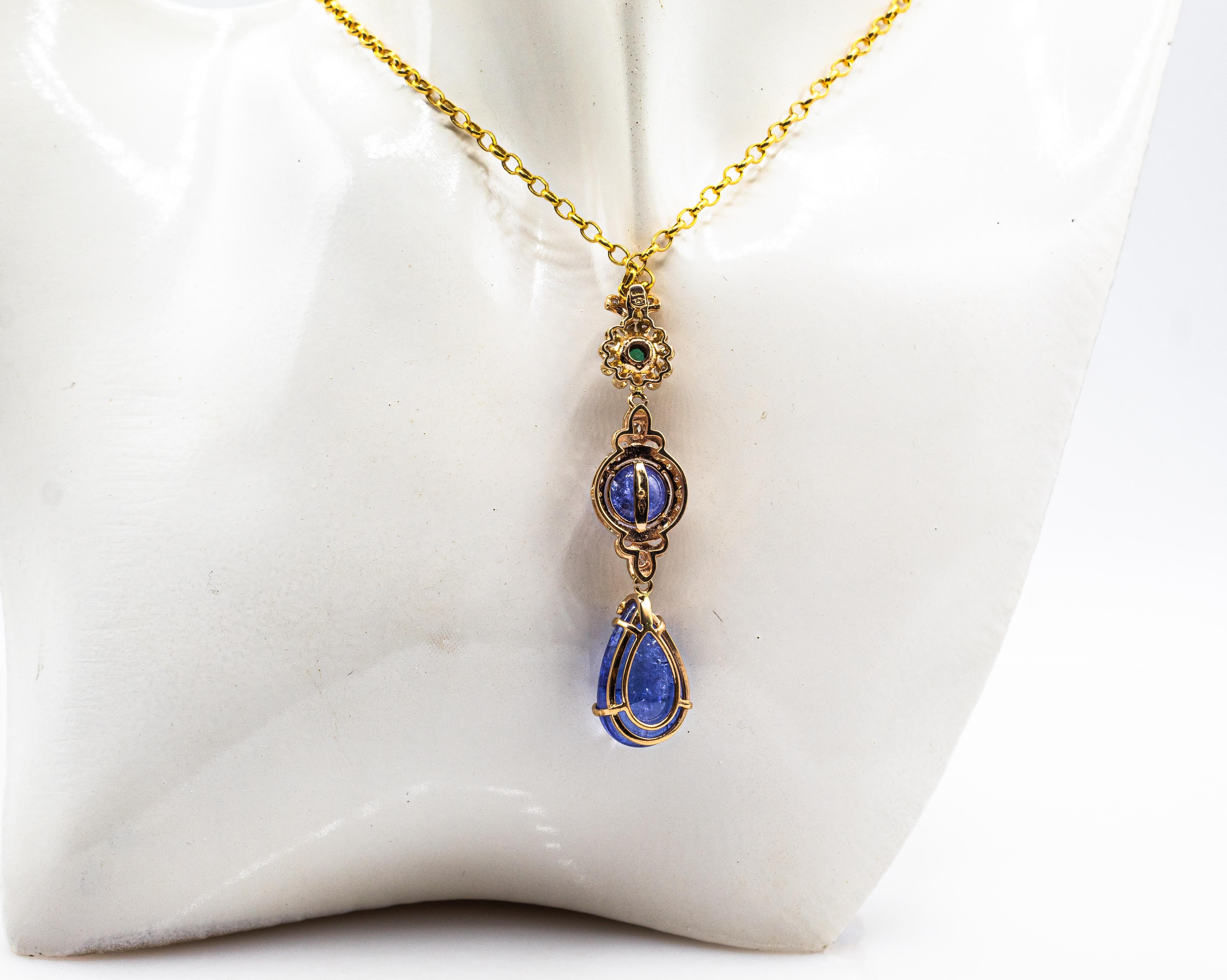 Art Deco Style White Diamond Tanzanite Emerald Yellow Gold Pendant Necklace For Sale 4