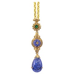 Retro Art Deco Style White Diamond Tanzanite Emerald Yellow Gold Pendant Necklace