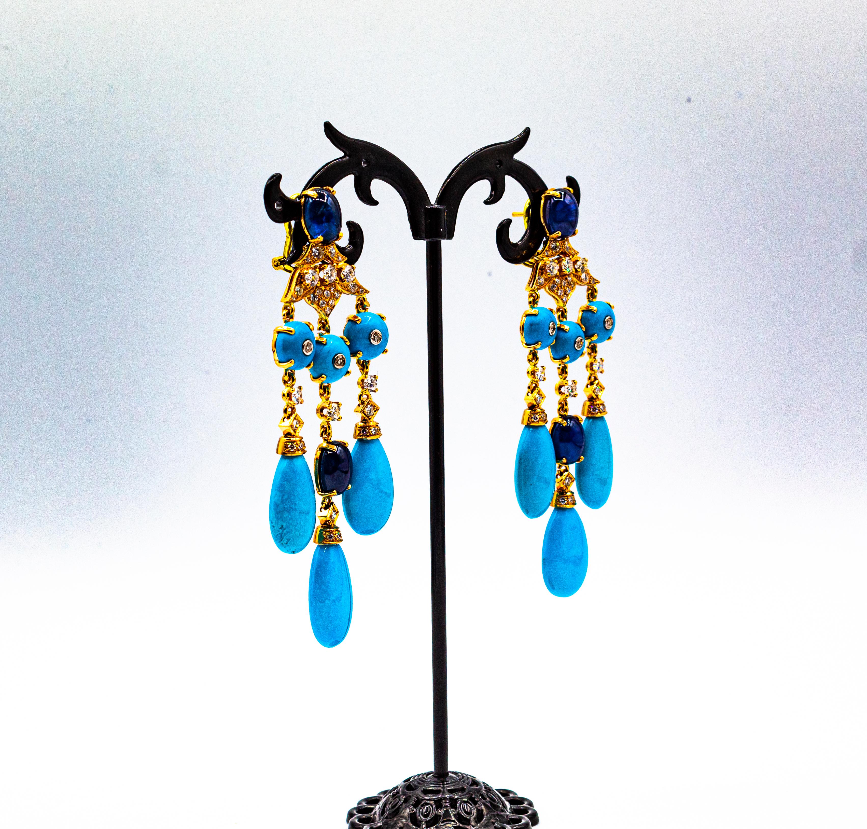 Boucles d'oreilles en goutte de style Art déco en or jaune avec diamants blancs, turquoises et saphirs bleus 5