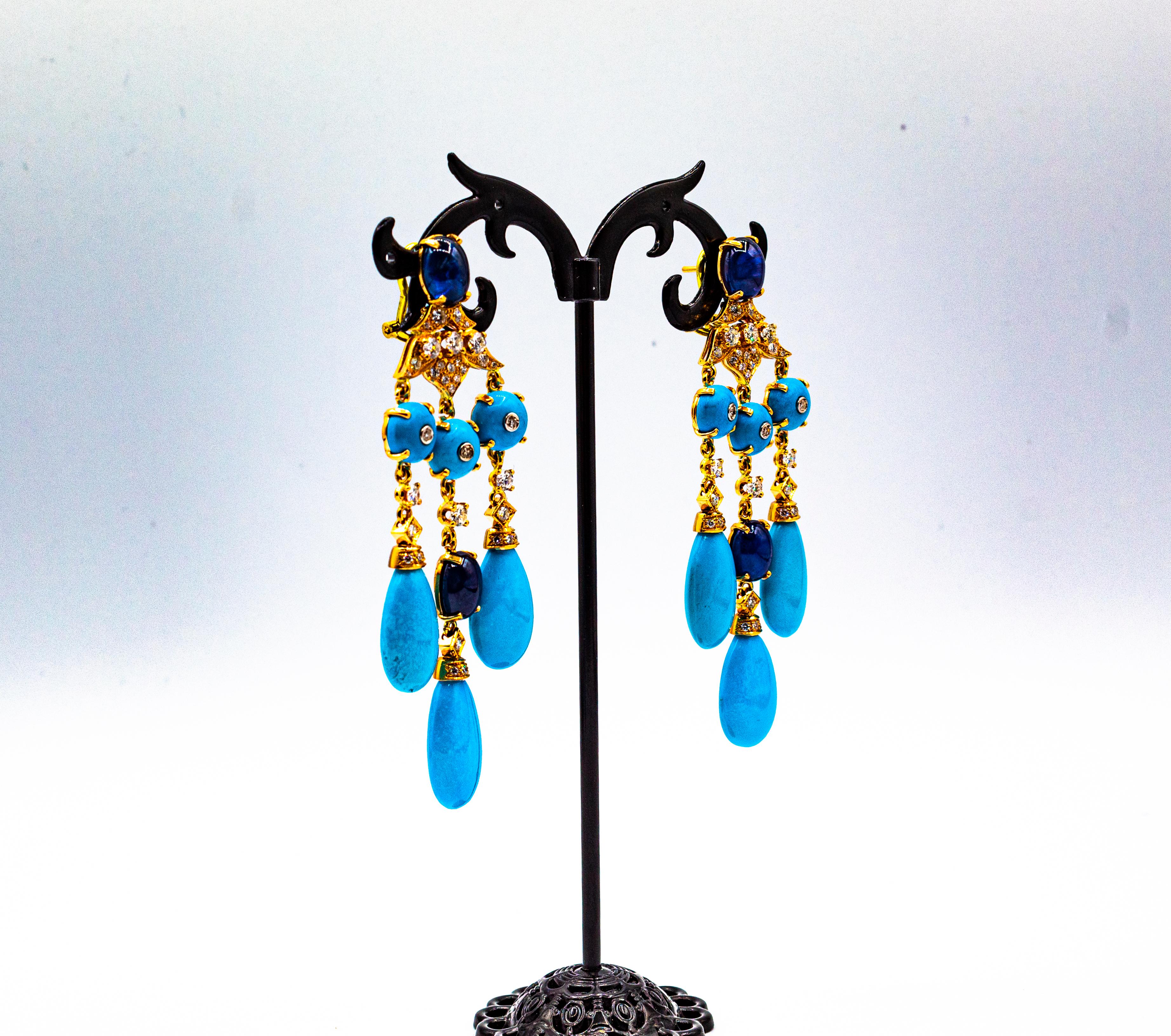 Boucles d'oreilles en goutte de style Art déco en or jaune avec diamants blancs, turquoises et saphirs bleus 6