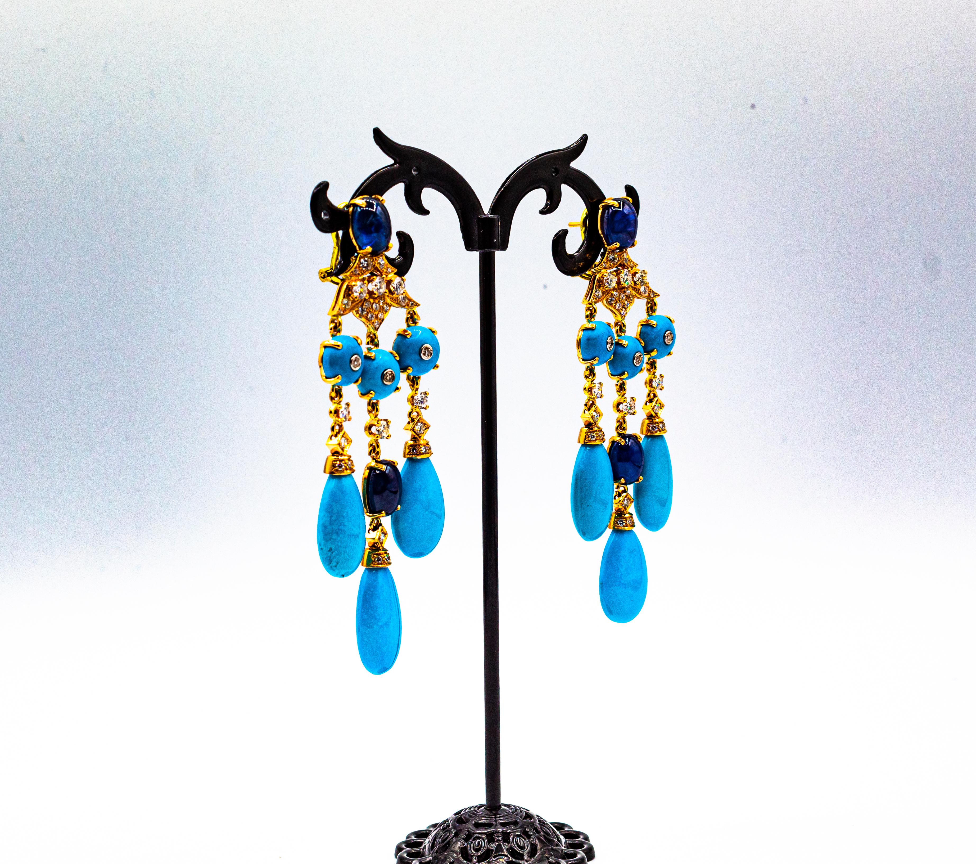 Art Deco Style White Diamond Turquoise Blue Sapphire Yellow Gold Drop Earrings 6