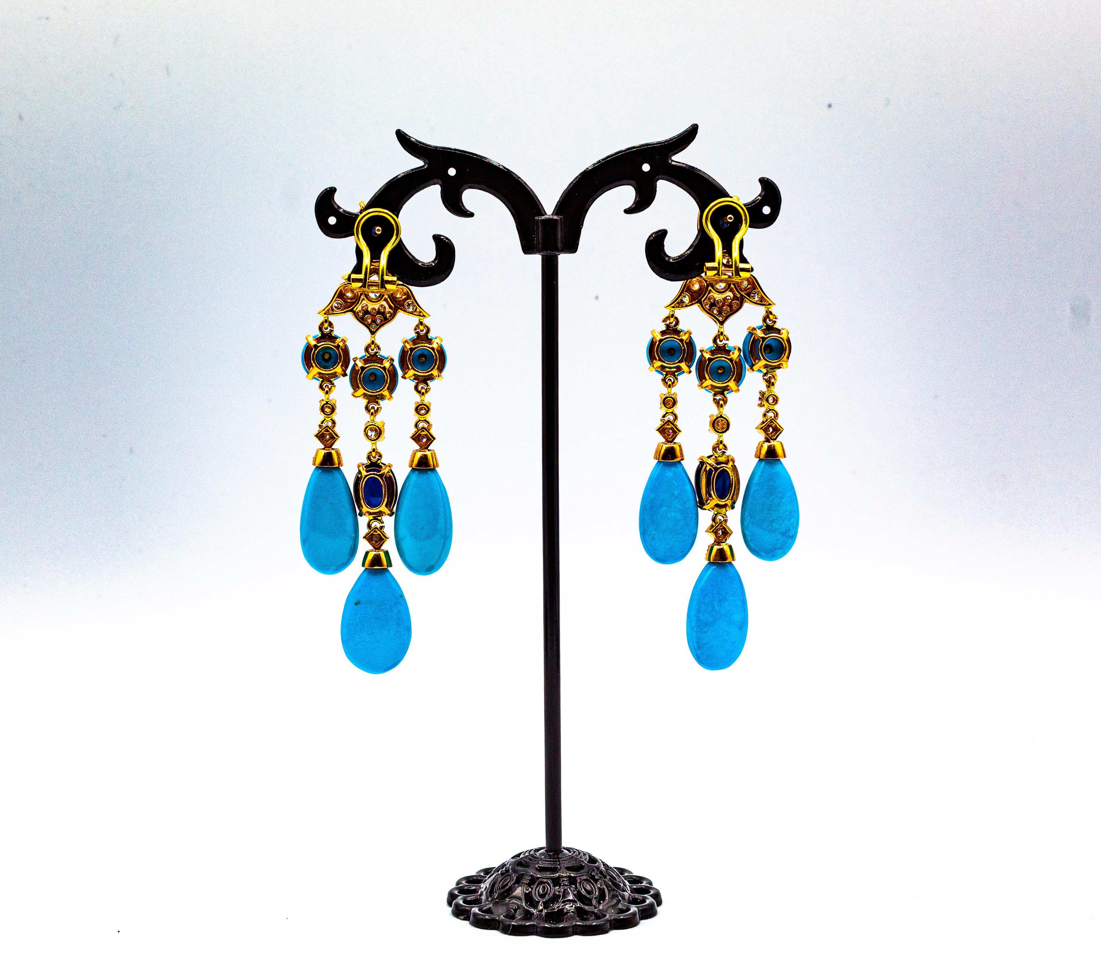 Boucles d'oreilles en goutte de style Art déco en or jaune avec diamants blancs, turquoises et saphirs bleus 7