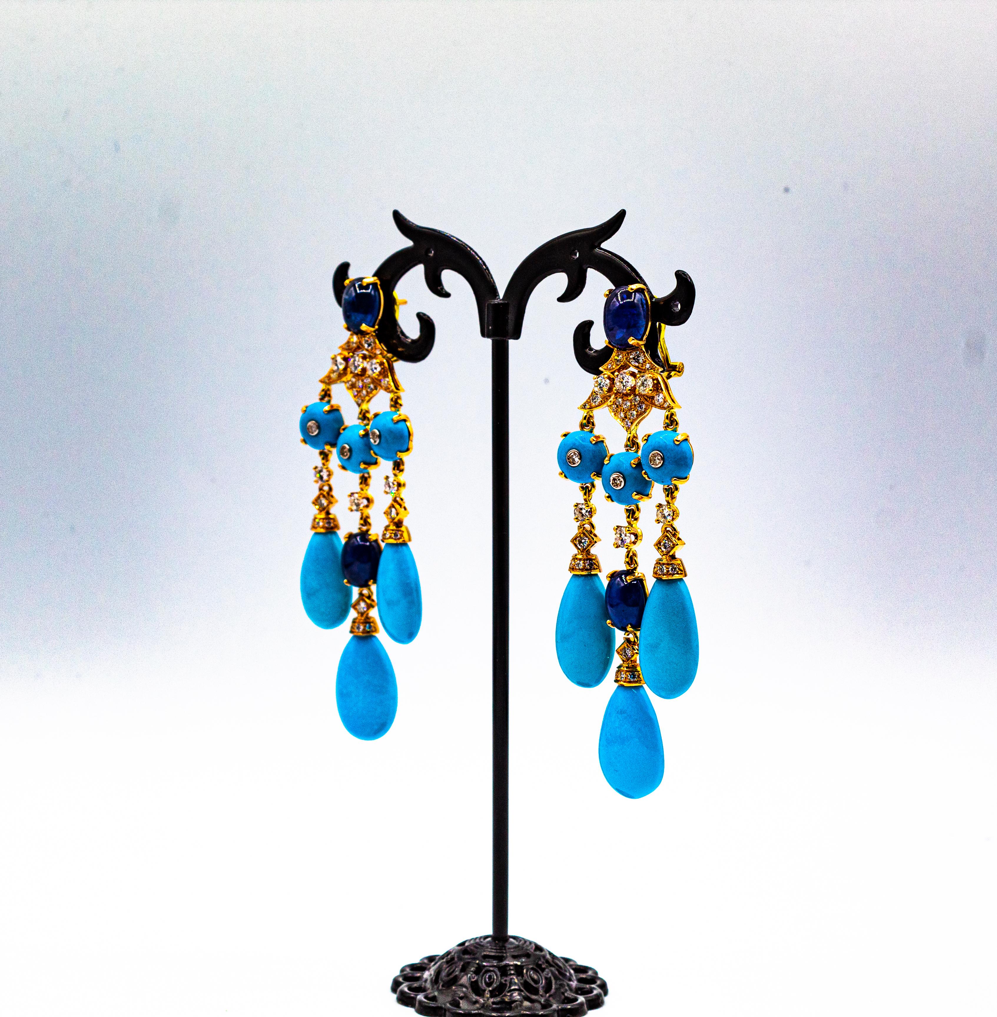 Boucles d'oreilles en goutte de style Art déco en or jaune avec diamants blancs, turquoises et saphirs bleus 8