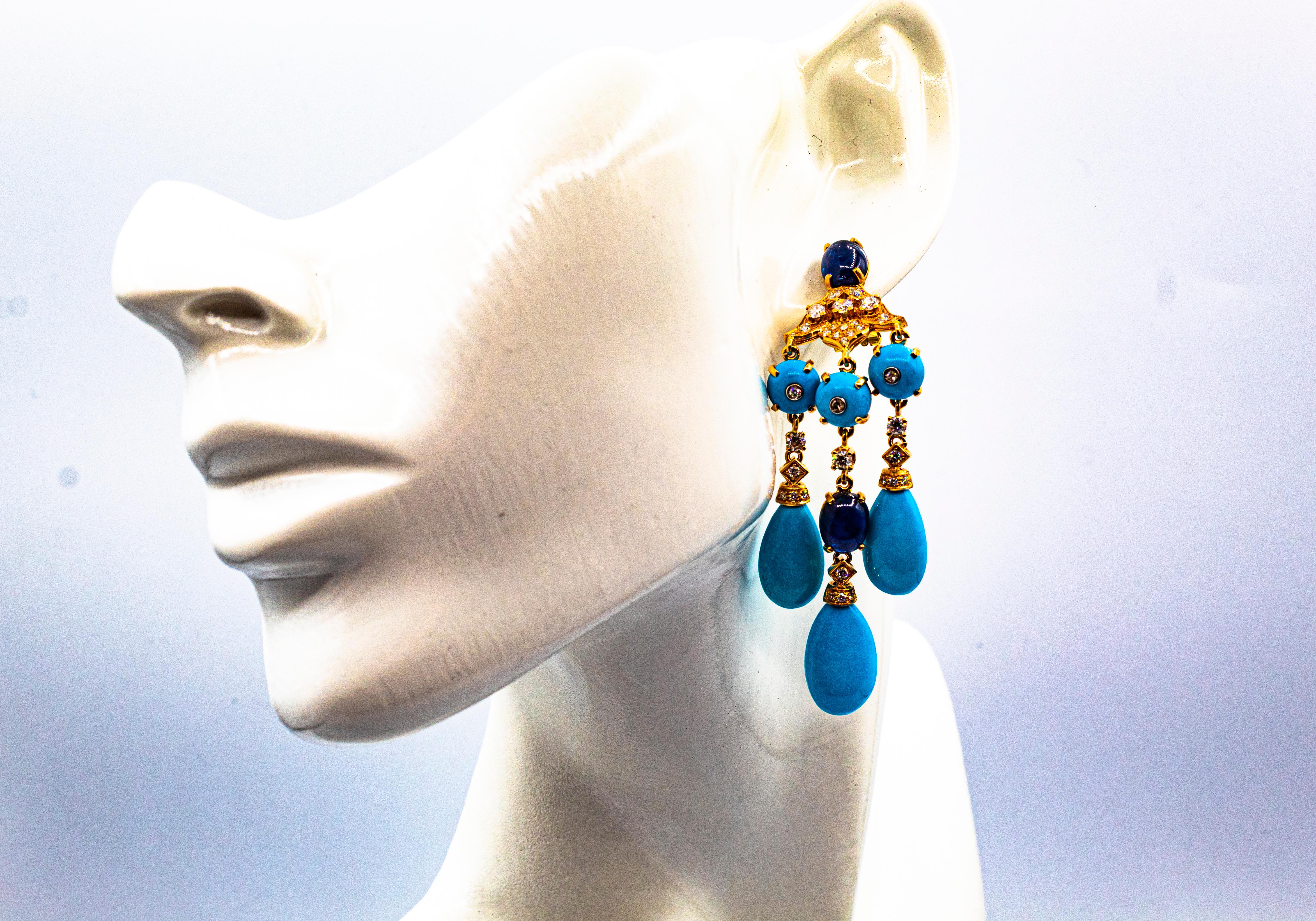 Boucles d'oreilles en goutte de style Art déco en or jaune avec diamants blancs, turquoises et saphirs bleus 9