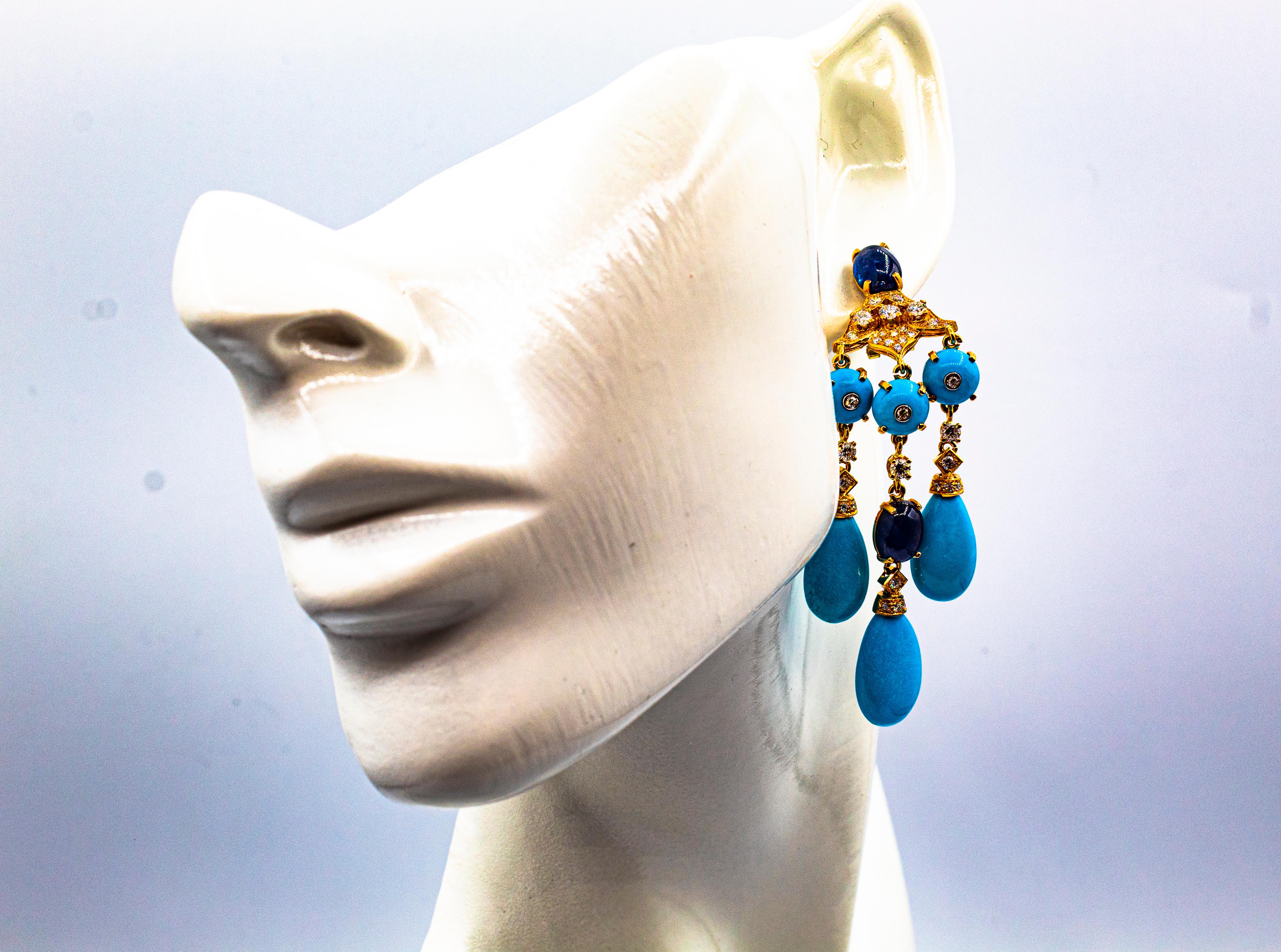 Boucles d'oreilles en goutte de style Art déco en or jaune avec diamants blancs, turquoises et saphirs bleus 10