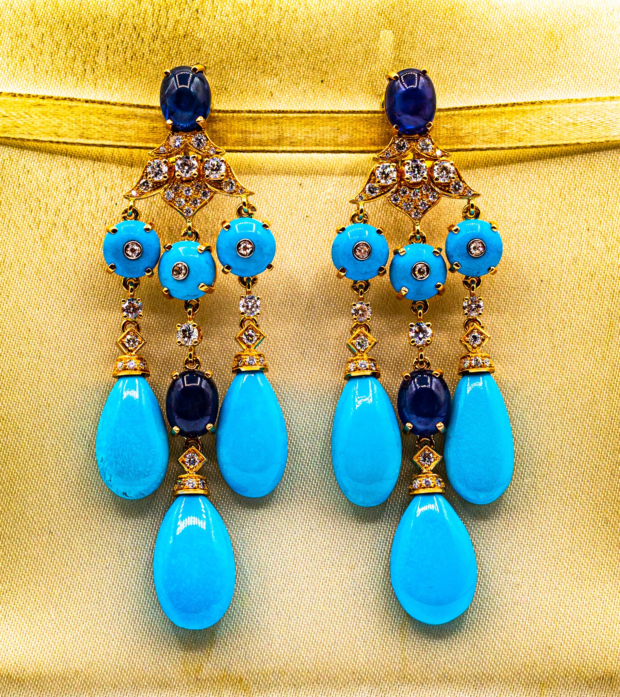 Taille brillant Boucles d'oreilles en goutte de style Art déco en or jaune avec diamants blancs, turquoises et saphirs bleus