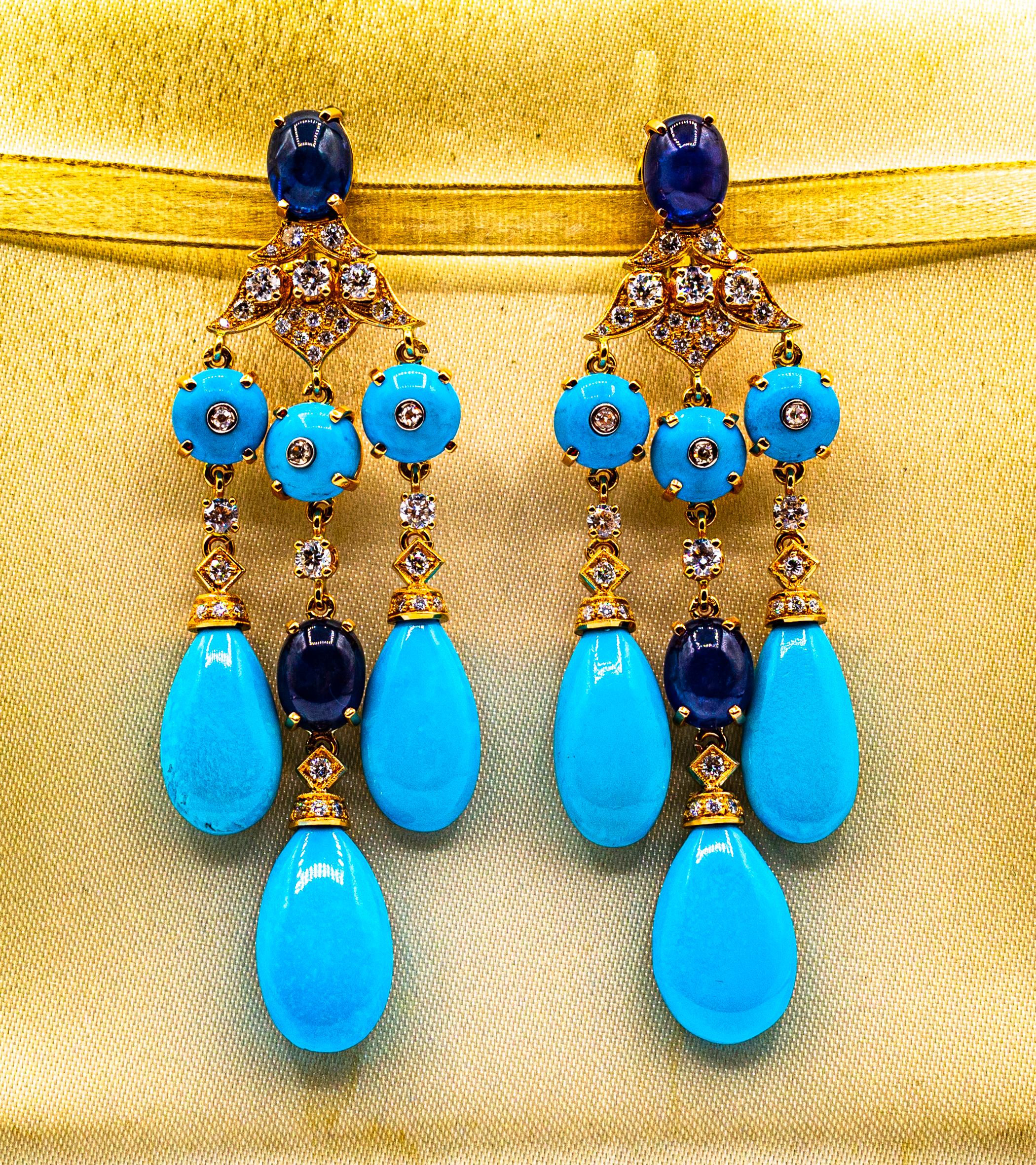 Brilliant Cut Art Deco Style White Diamond Turquoise Blue Sapphire Yellow Gold Drop Earrings