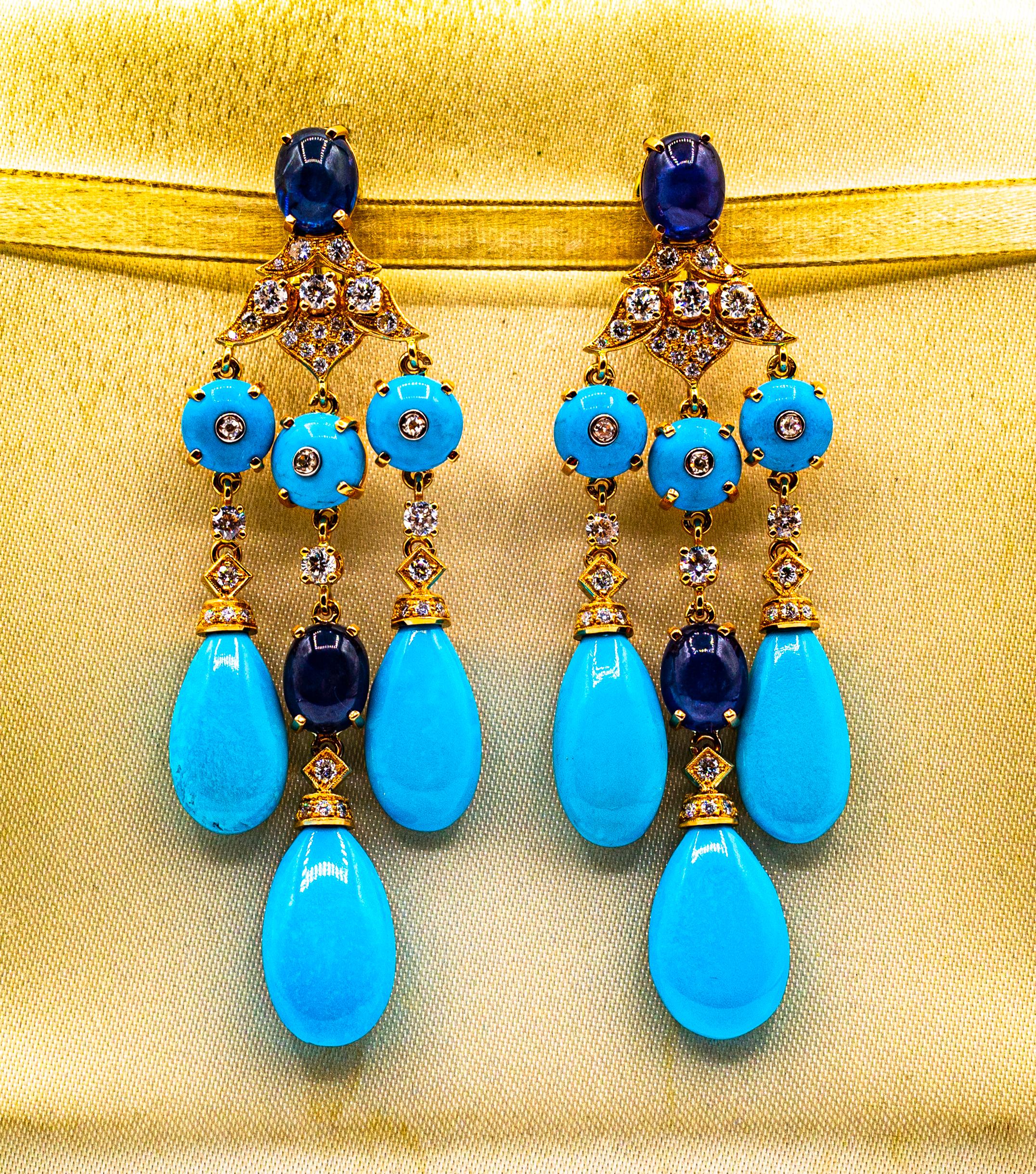 Art Deco Style White Diamond Turquoise Blue Sapphire Yellow Gold Drop Earrings In New Condition In Naples, IT