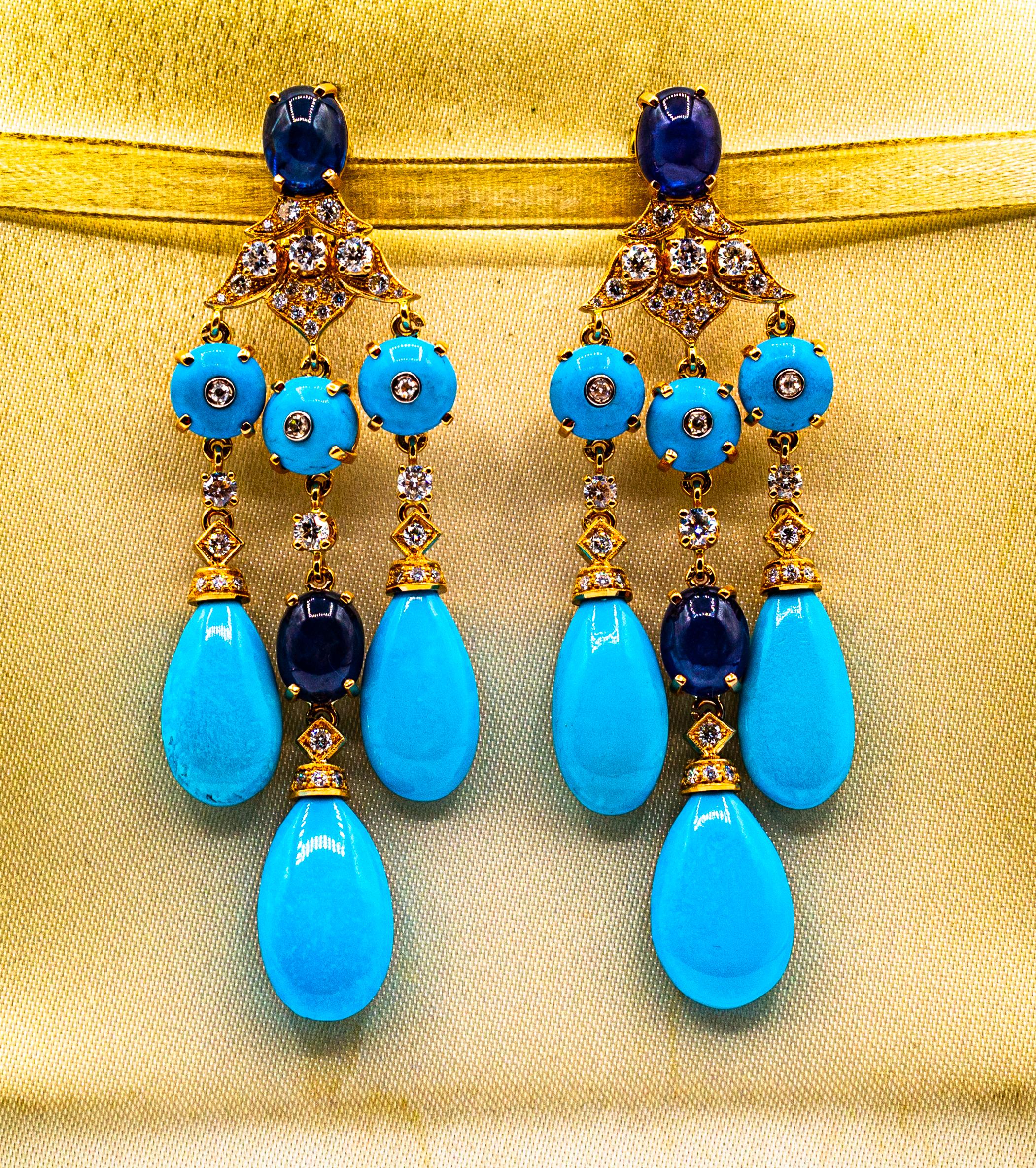 Women's or Men's Art Deco Style White Diamond Turquoise Blue Sapphire Yellow Gold Drop Earrings
