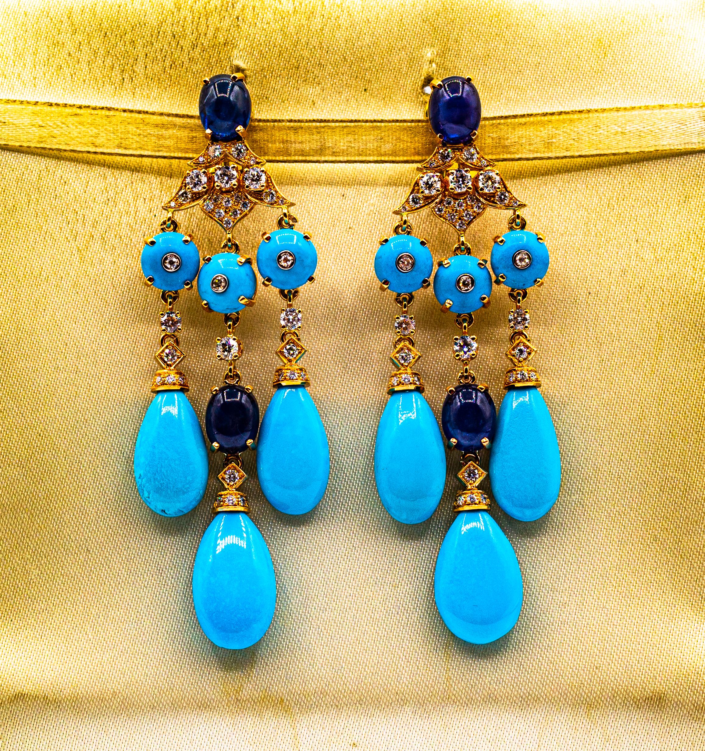 Boucles d'oreilles en goutte de style Art déco en or jaune avec diamants blancs, turquoises et saphirs bleus 1