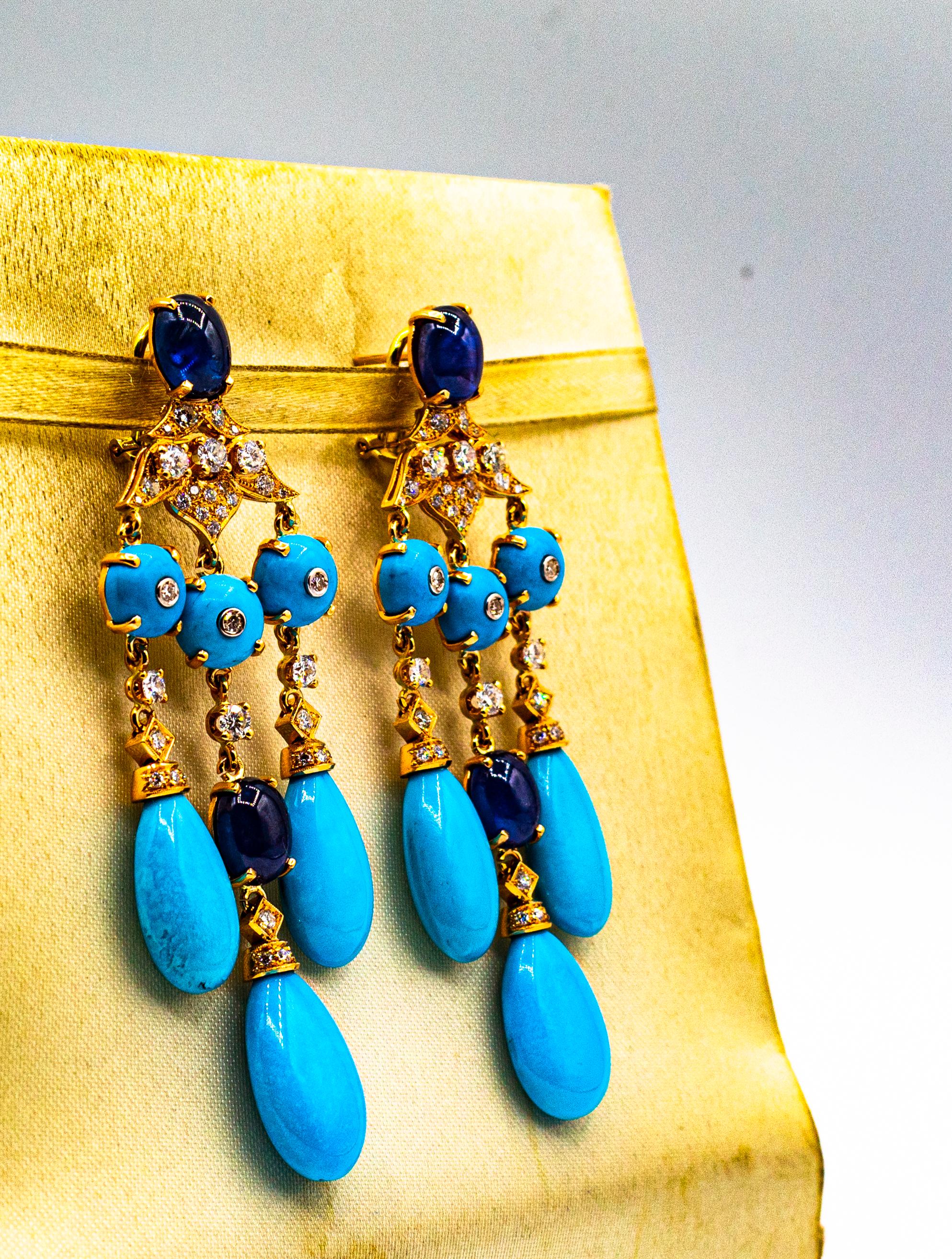 Art Deco Style White Diamond Turquoise Blue Sapphire Yellow Gold Drop Earrings 2