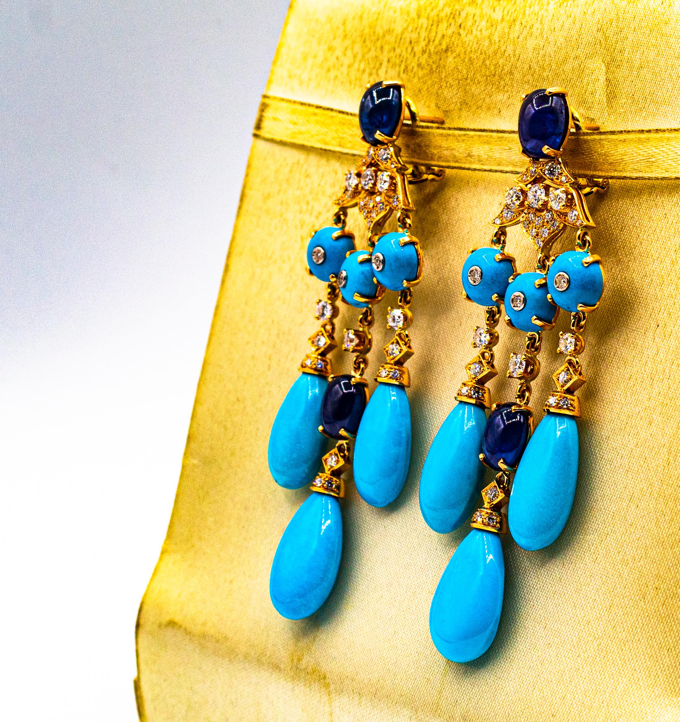 Boucles d'oreilles en goutte de style Art déco en or jaune avec diamants blancs, turquoises et saphirs bleus 3