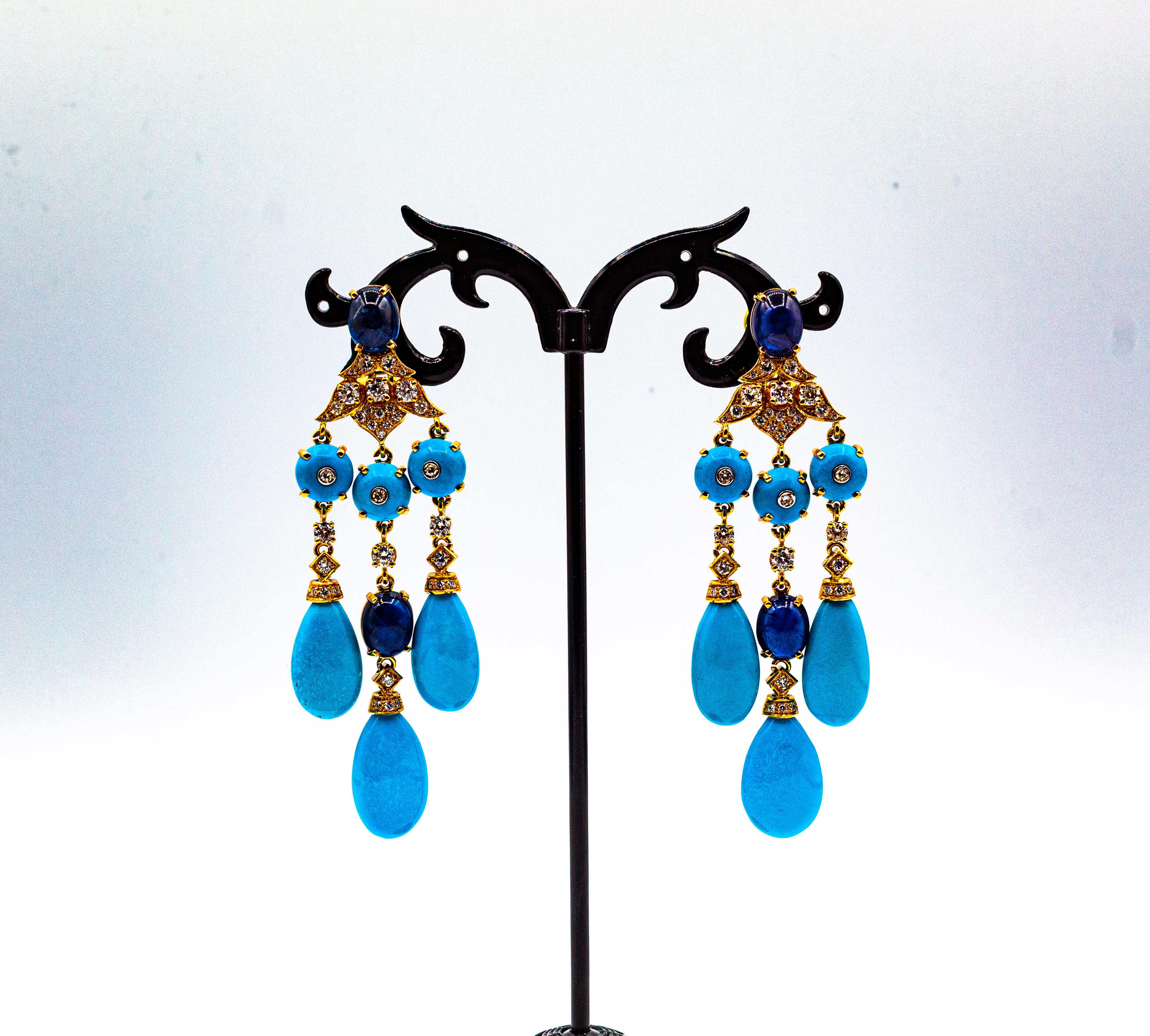 Boucles d'oreilles en goutte de style Art déco en or jaune avec diamants blancs, turquoises et saphirs bleus 4