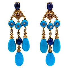 Art Deco Style White Diamond Turquoise Blue Sapphire Yellow Gold Drop Earrings