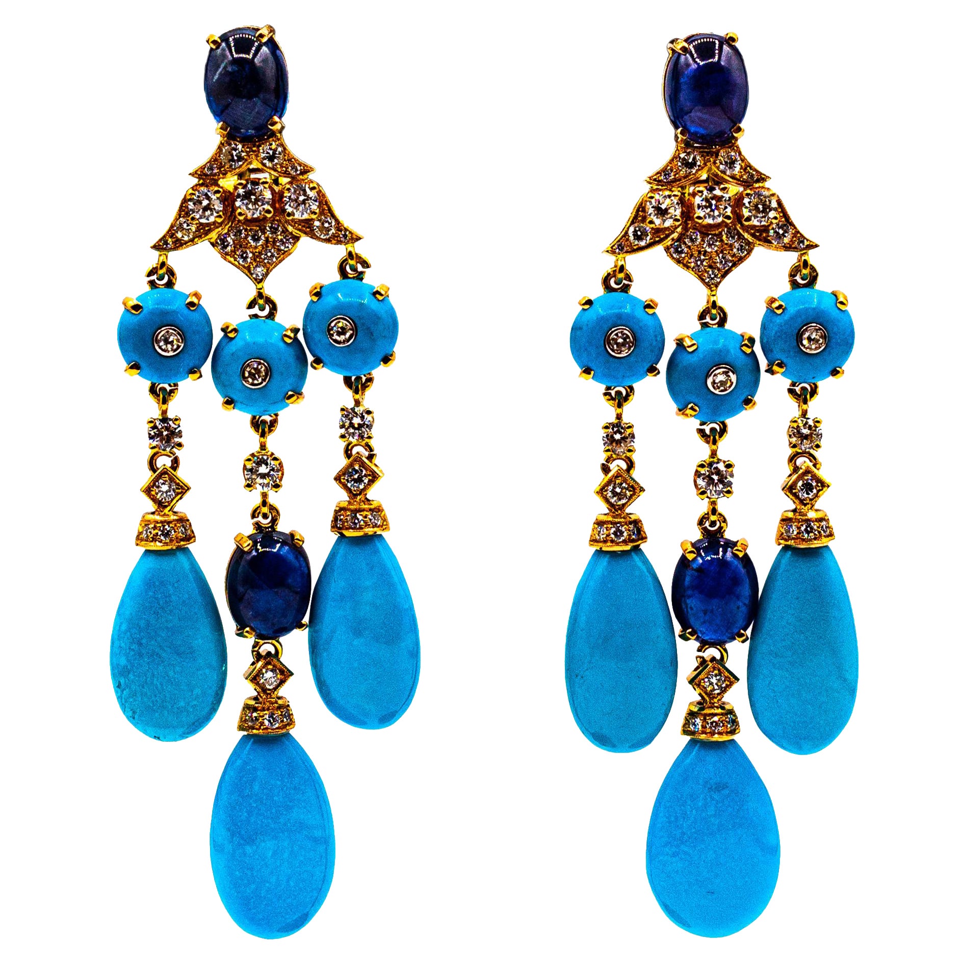Boucles d'oreilles en goutte de style Art déco en or jaune avec diamants blancs, turquoises et saphirs bleus