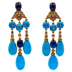 Boucles d'oreilles en goutte de style Art déco en or jaune avec diamants blancs, turquoises et saphirs bleus