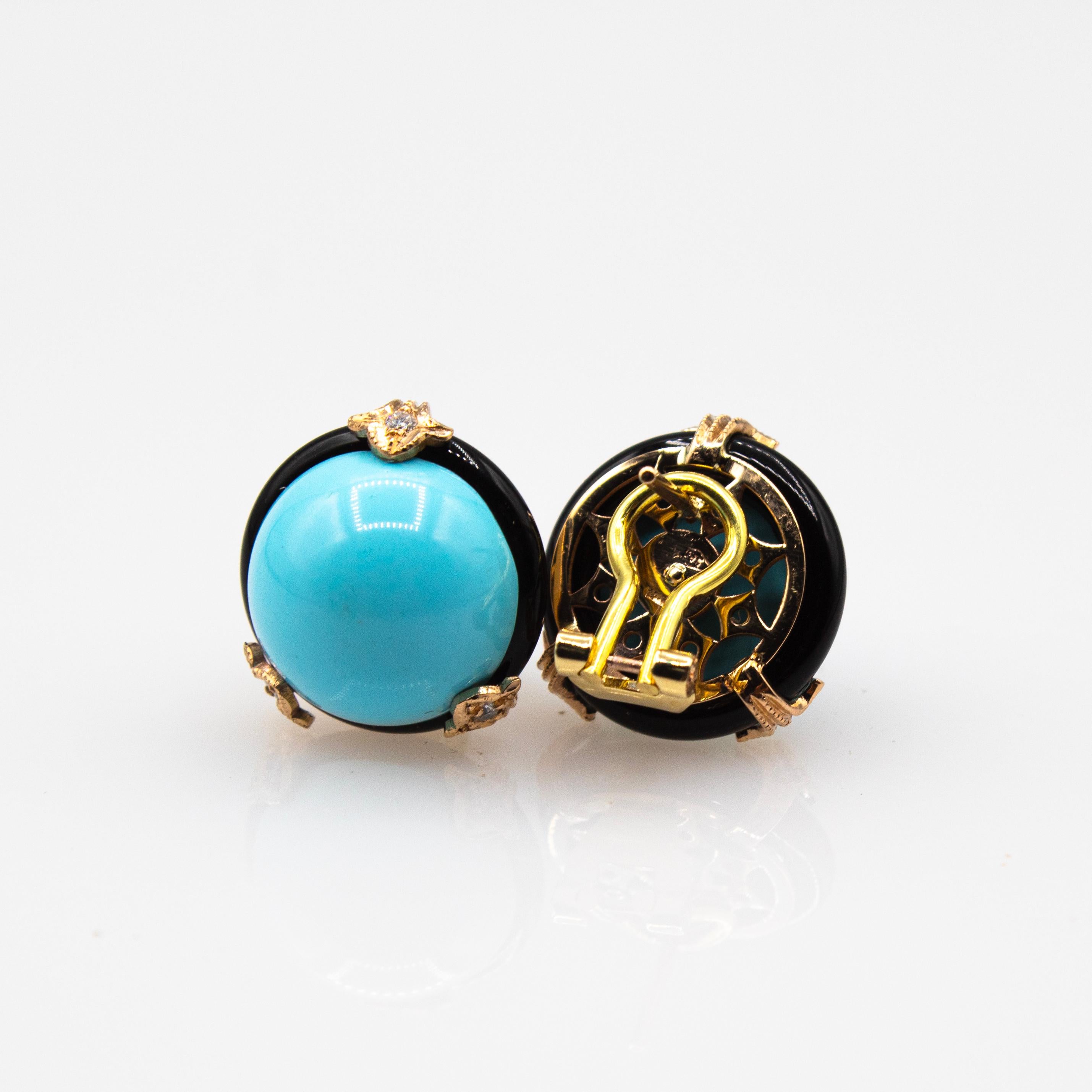 Boucles d'oreilles clips en or jaune, diamant blanc, turquoise et onyx de style Art Déco en vente 4