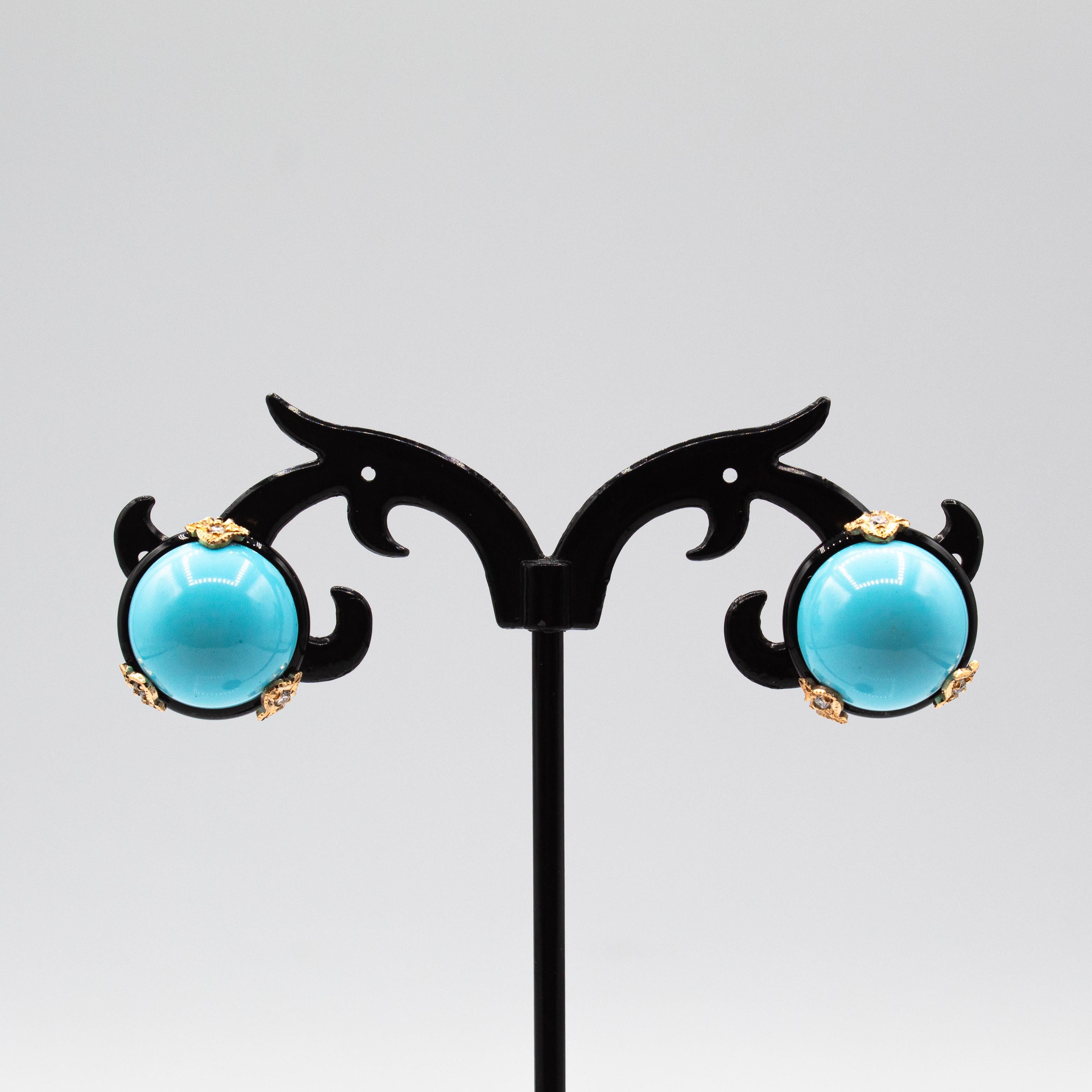 Art déco Boucles d'oreilles clips en or jaune, diamant blanc, turquoise et onyx de style Art Déco en vente