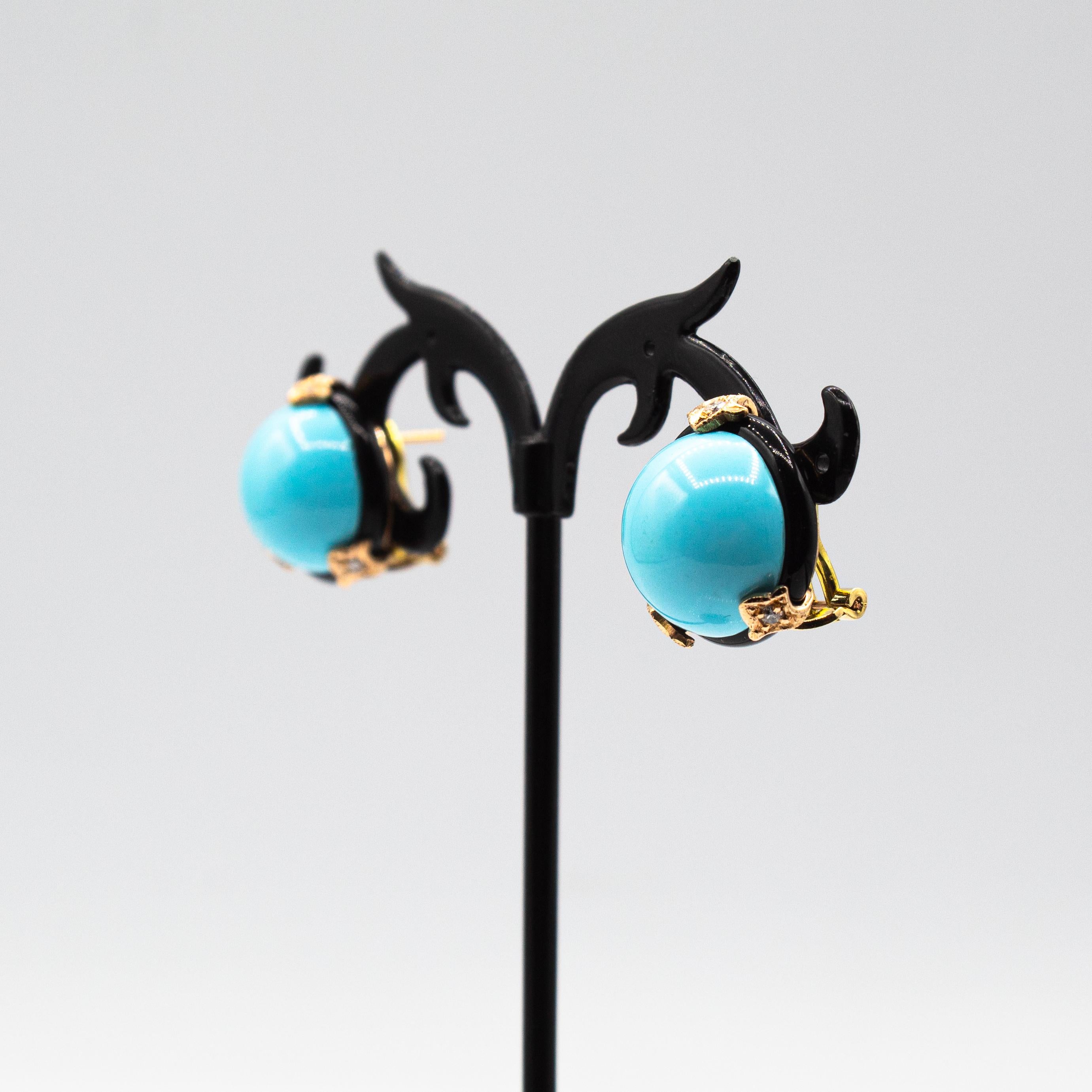 Taille brillant Boucles d'oreilles clips en or jaune, diamant blanc, turquoise et onyx de style Art Déco en vente