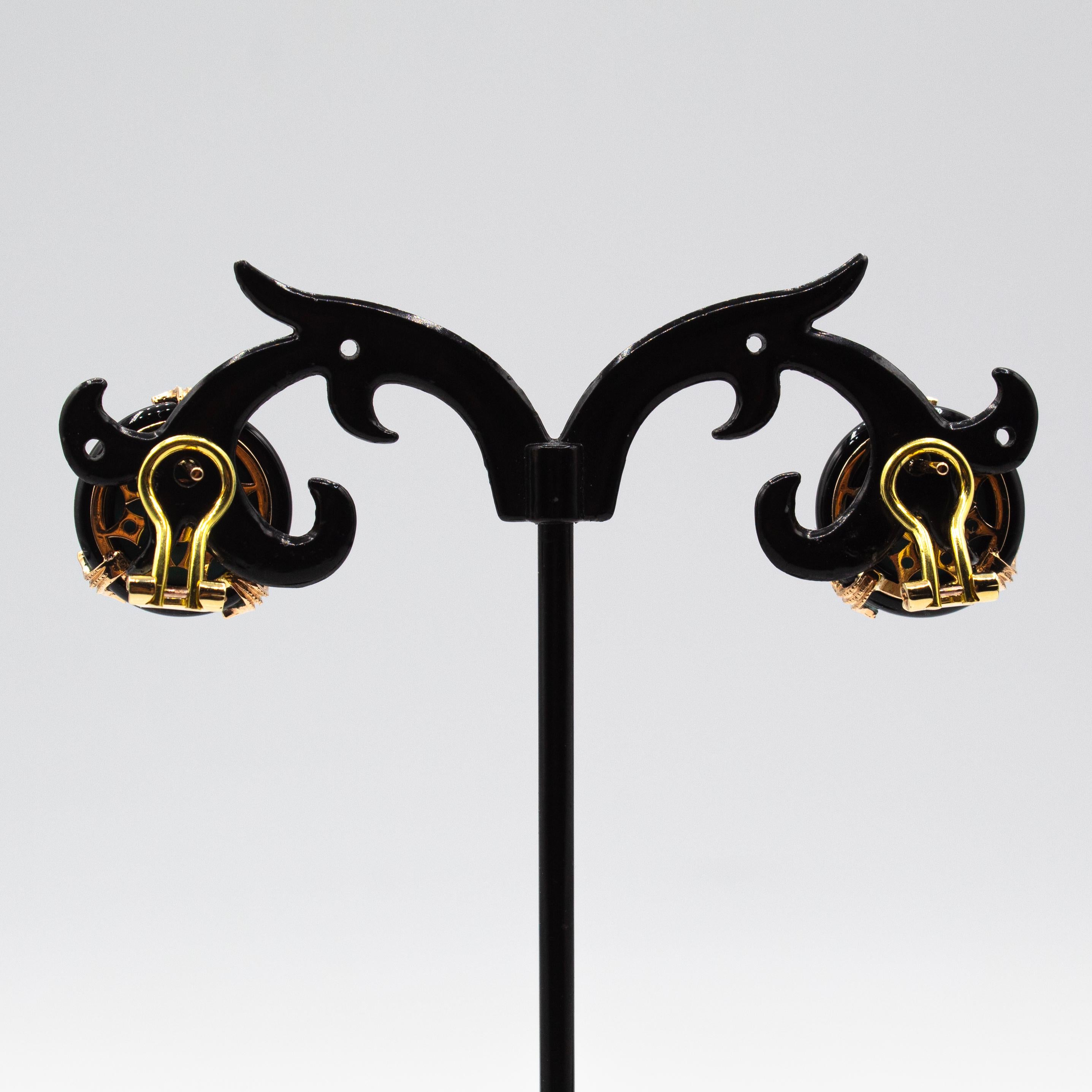 Boucles d'oreilles clips en or jaune, diamant blanc, turquoise et onyx de style Art Déco Neuf - En vente à Naples, IT