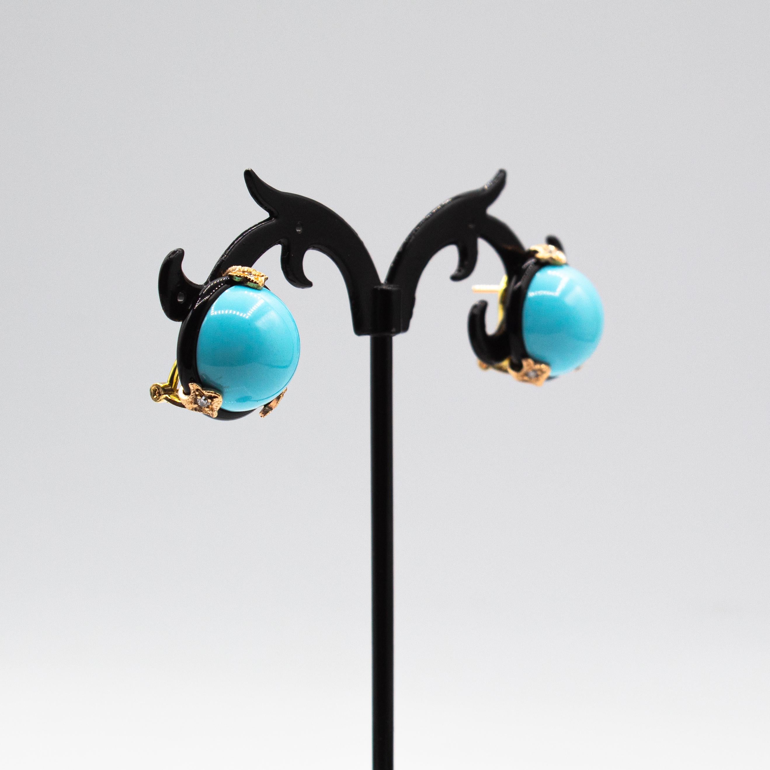 Boucles d'oreilles clips en or jaune, diamant blanc, turquoise et onyx de style Art Déco Unisexe en vente