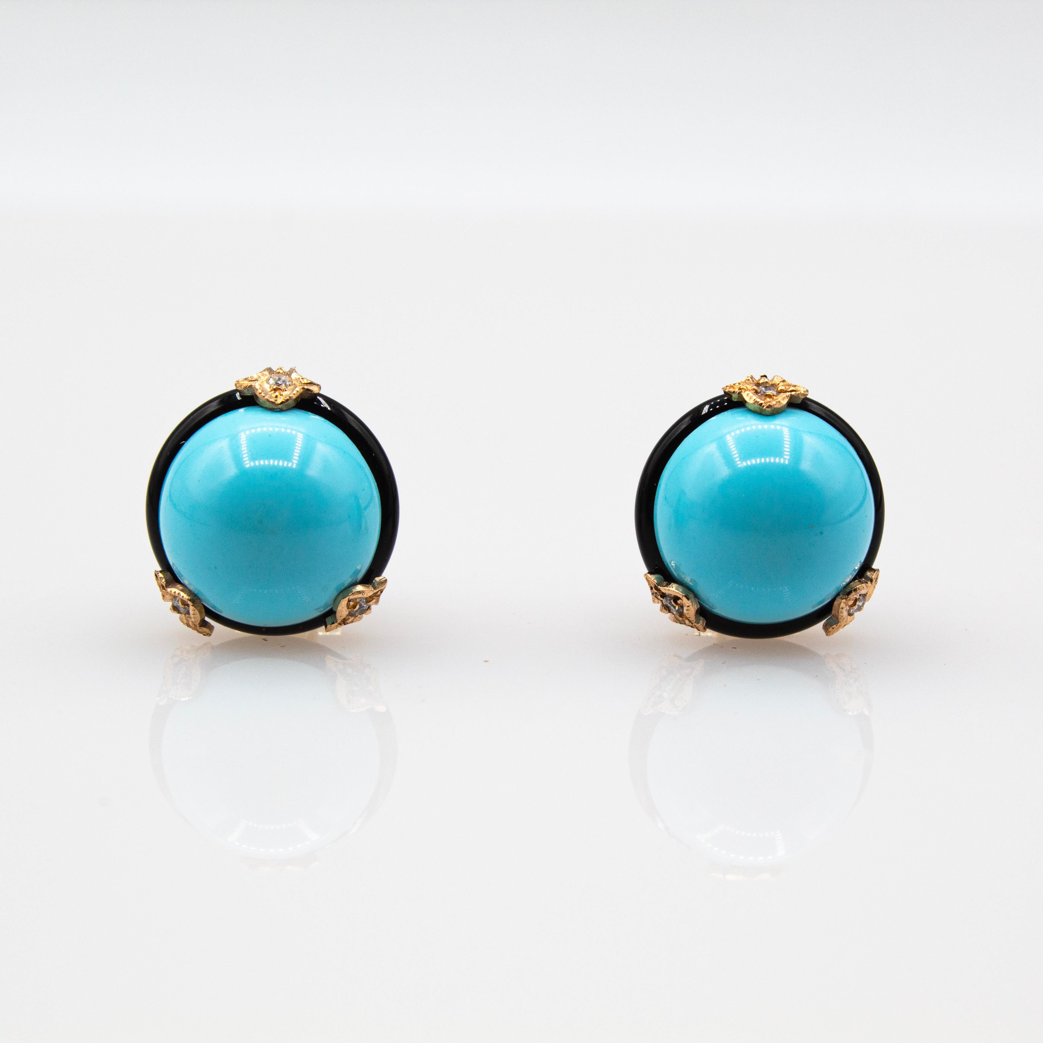 Boucles d'oreilles clips en or jaune, diamant blanc, turquoise et onyx de style Art Déco en vente 2