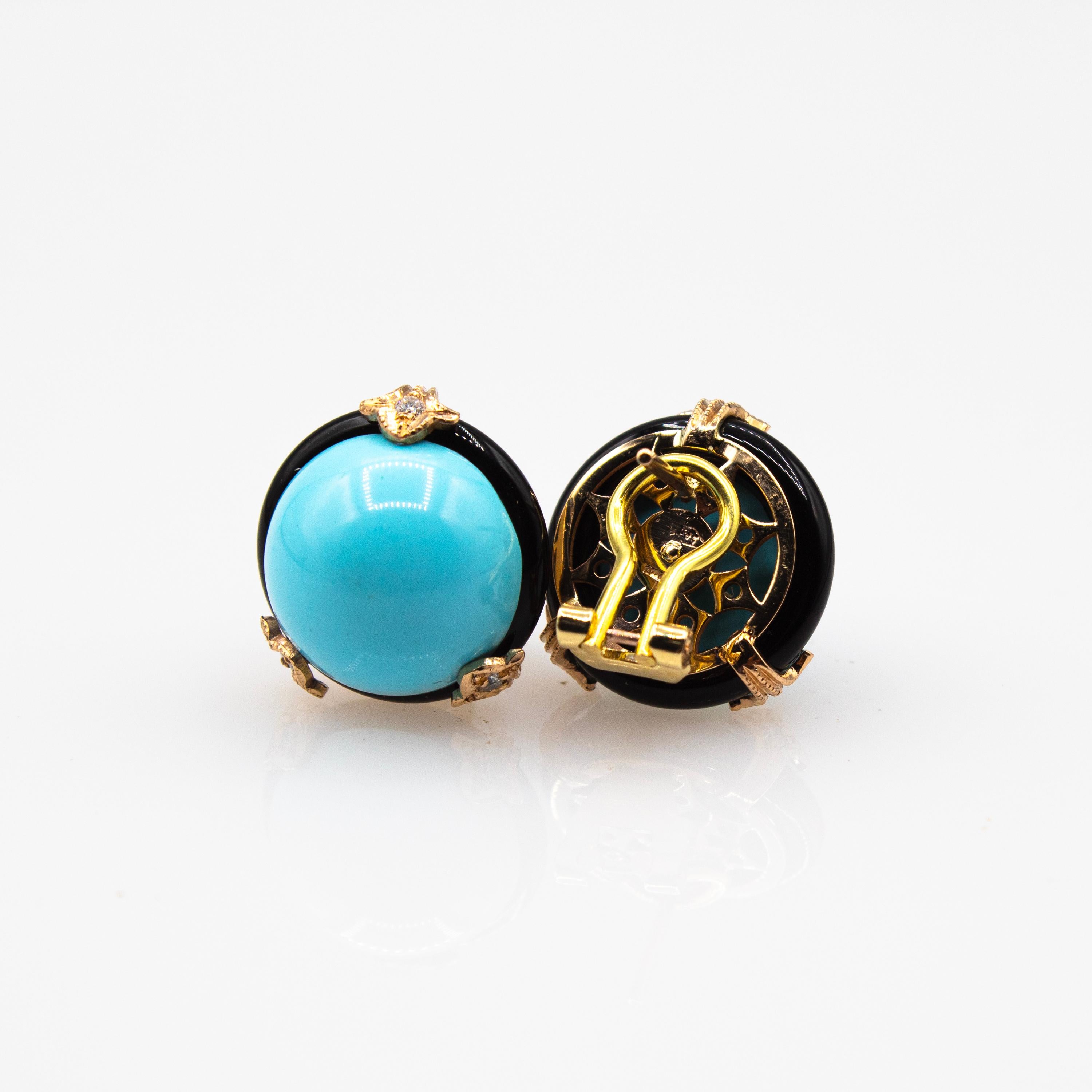 Boucles d'oreilles clips en or jaune, diamant blanc, turquoise et onyx de style Art Déco en vente 3