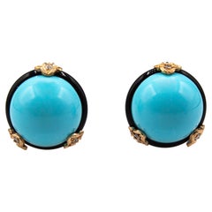 Art Deco Style White Diamond Turquoise Onyx Yellow Gold Dangle Clip-On Earrings