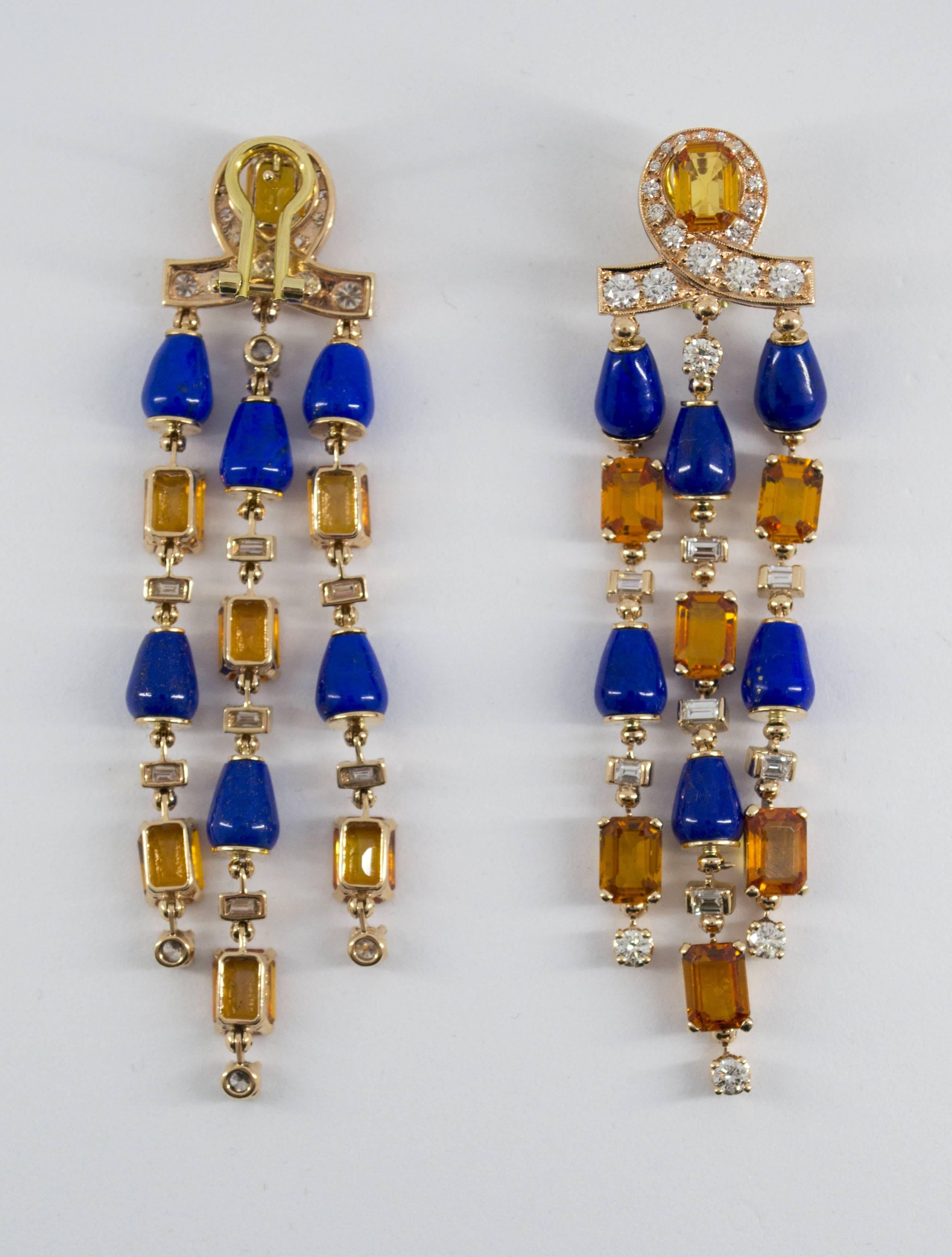 Art Deco Style White Diamond Yellow Sapphire Lapis Yellow Gold Clip-On Earrings For Sale 5