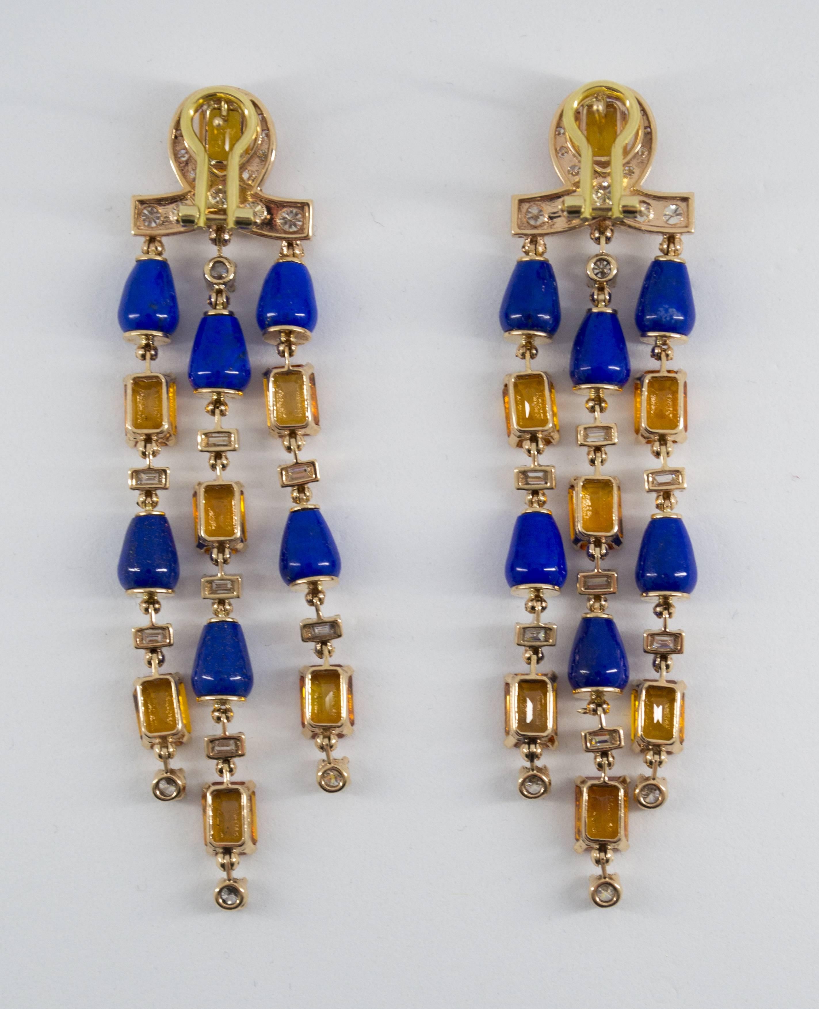 Art Deco Style White Diamond Yellow Sapphire Lapis Yellow Gold Clip-On Earrings For Sale 6