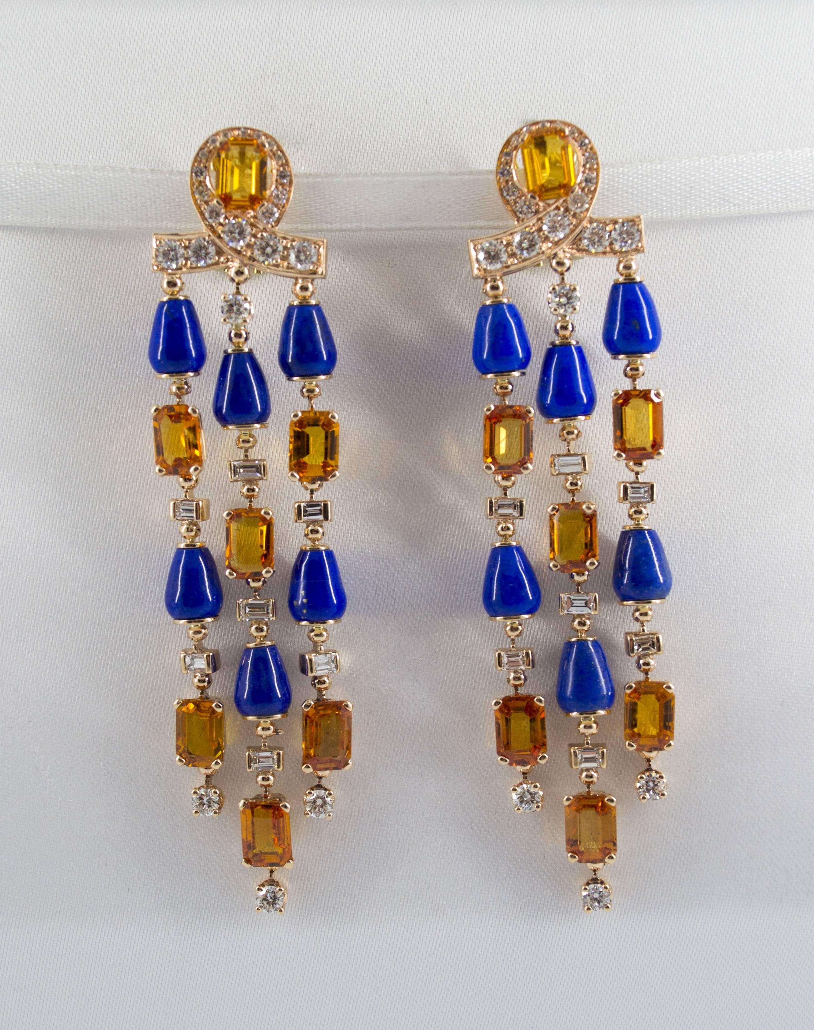 Brilliant Cut Art Deco Style White Diamond Yellow Sapphire Lapis Yellow Gold Clip-On Earrings For Sale
