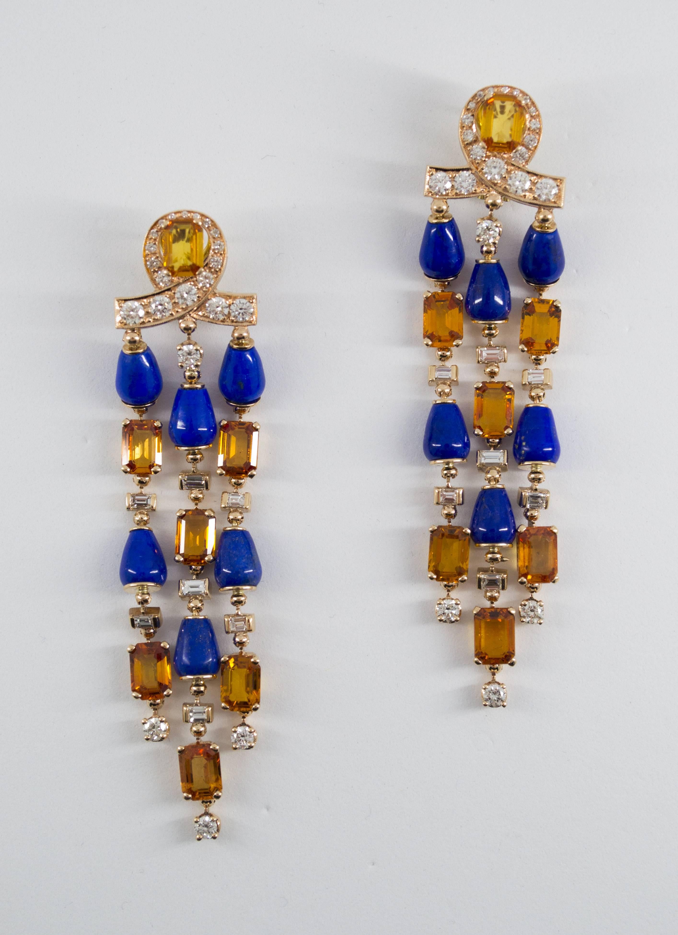 Art Deco Style White Diamond Yellow Sapphire Lapis Yellow Gold Clip-On Earrings In New Condition For Sale In Naples, IT