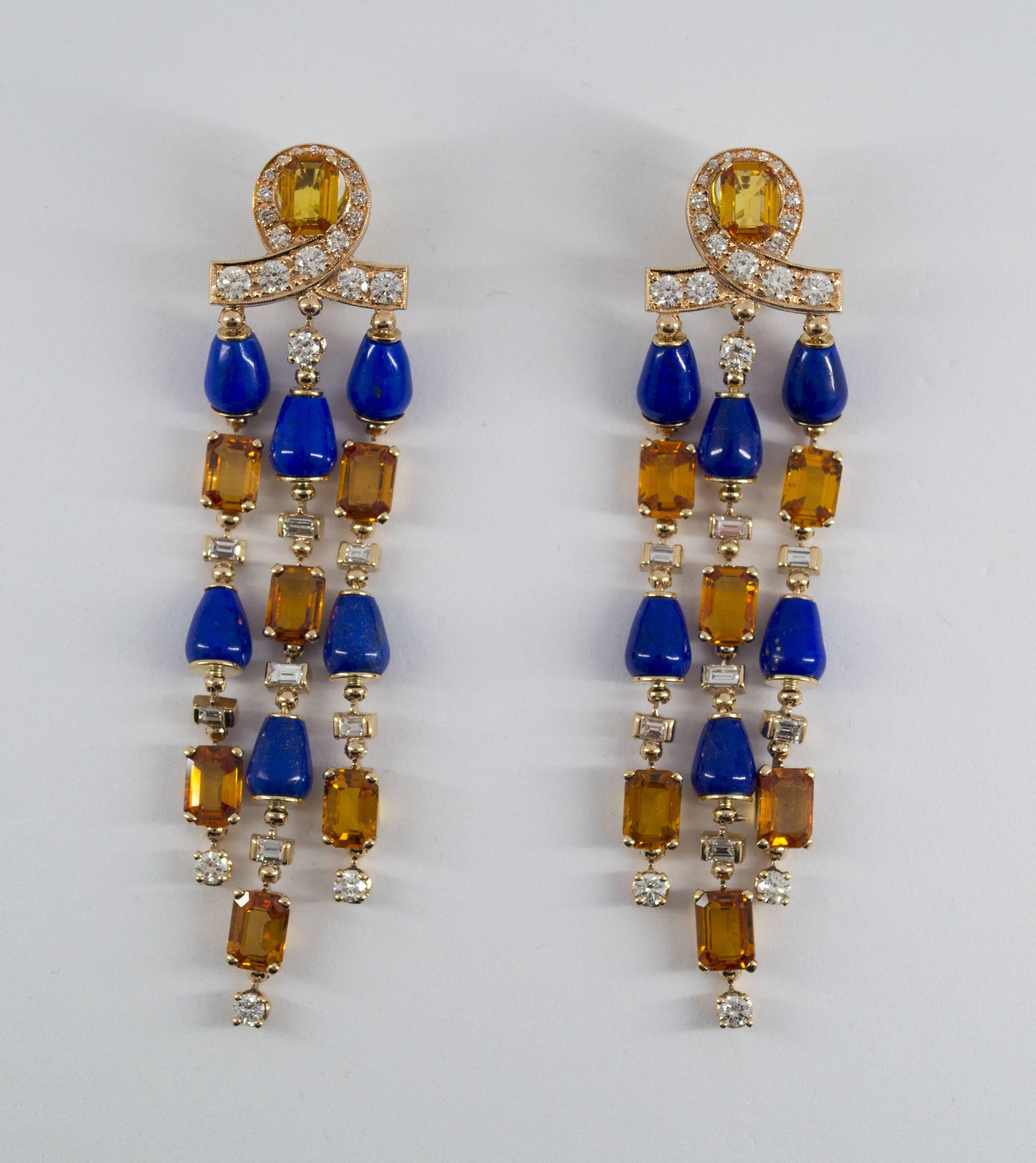 Women's or Men's Art Deco Style White Diamond Yellow Sapphire Lapis Yellow Gold Clip-On Earrings For Sale