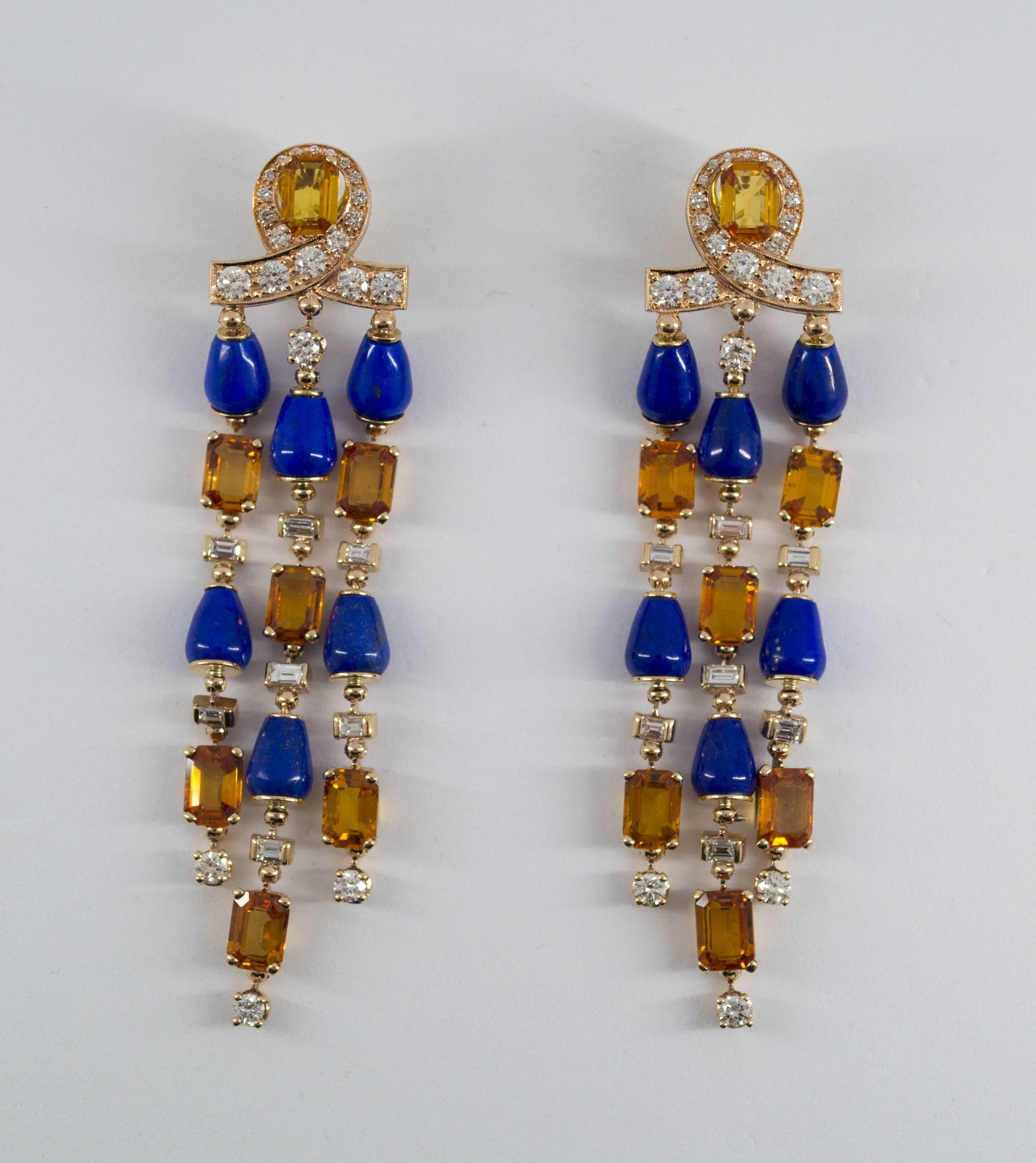 Boucles d'oreilles à clip en or jaune Lapis, diamant blanc et saphir jaune de style Art Déco Neuf - En vente à Naples, IT