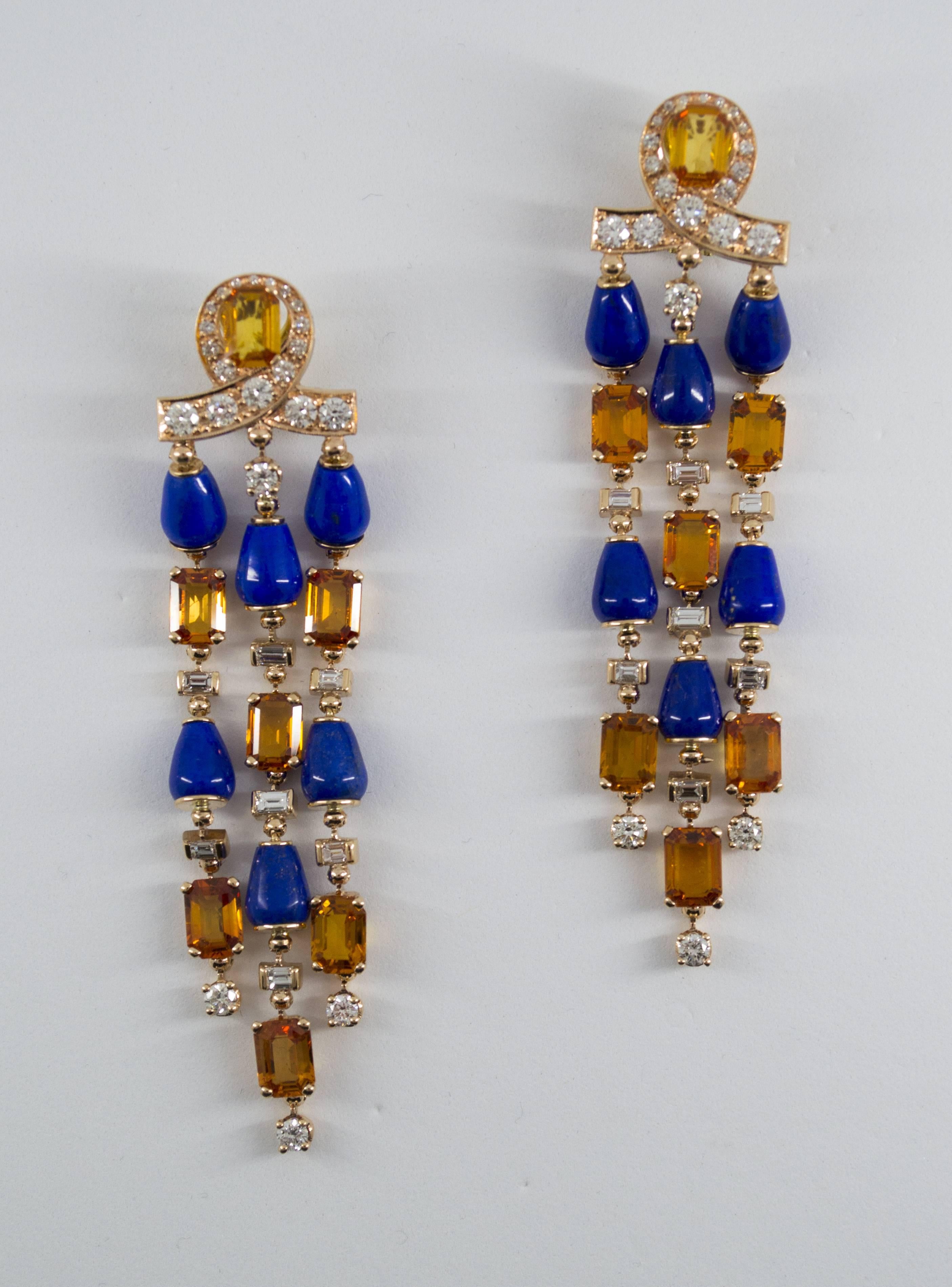 Art Deco Style White Diamond Yellow Sapphire Lapis Yellow Gold Clip-On Earrings For Sale 1