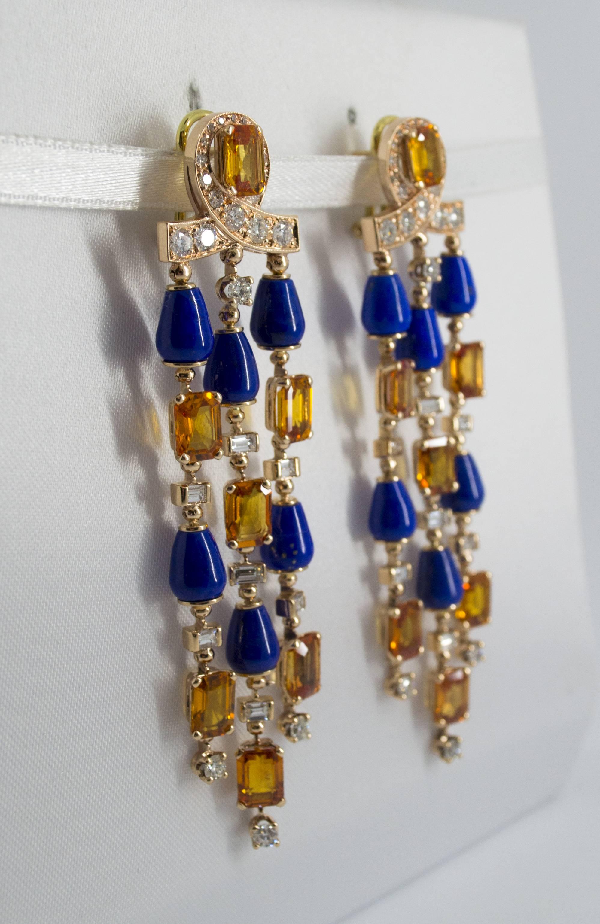 Art Deco Style White Diamond Yellow Sapphire Lapis Yellow Gold Clip-On Earrings For Sale 2