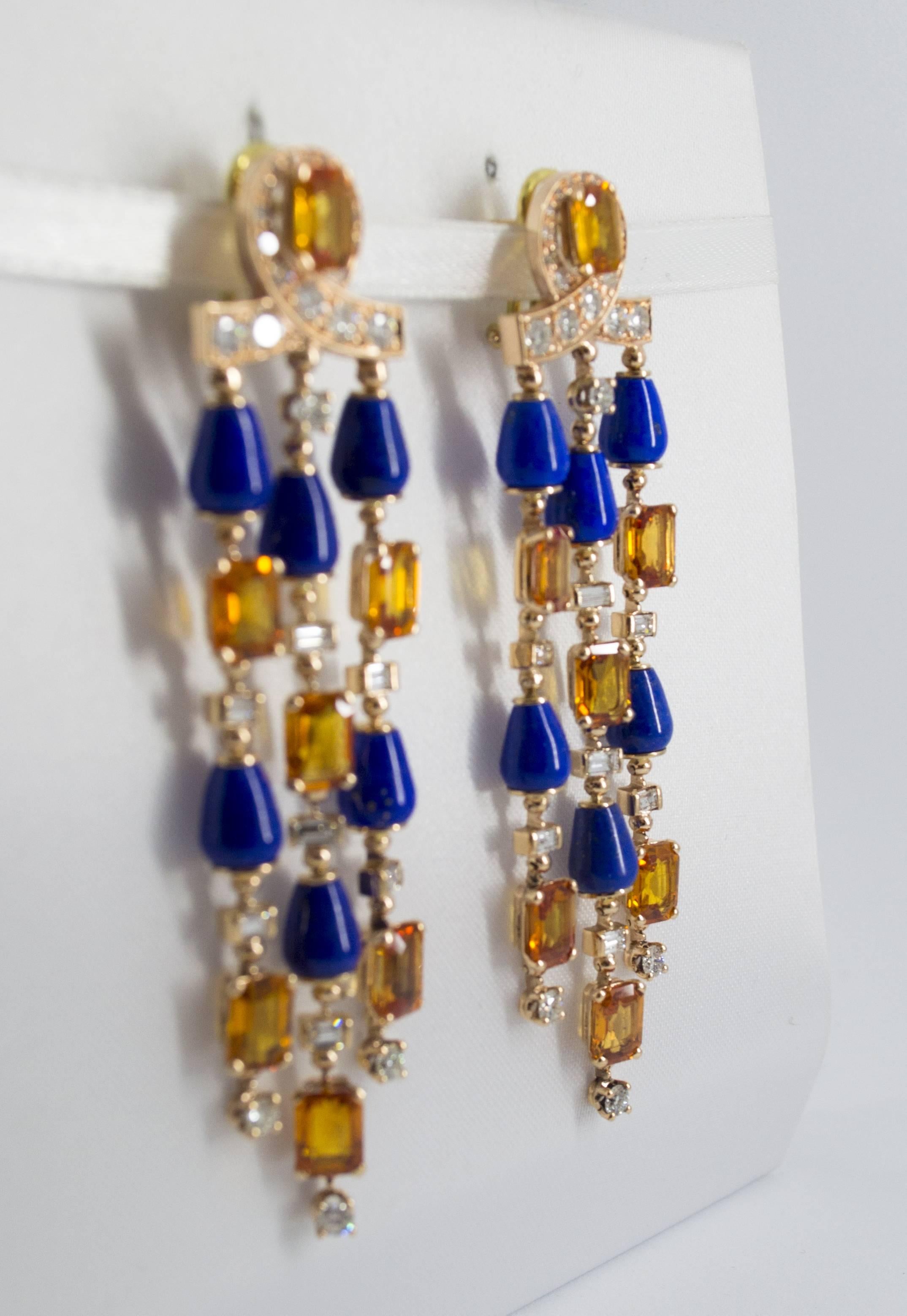 Art Deco Style White Diamond Yellow Sapphire Lapis Yellow Gold Clip-On Earrings For Sale 3