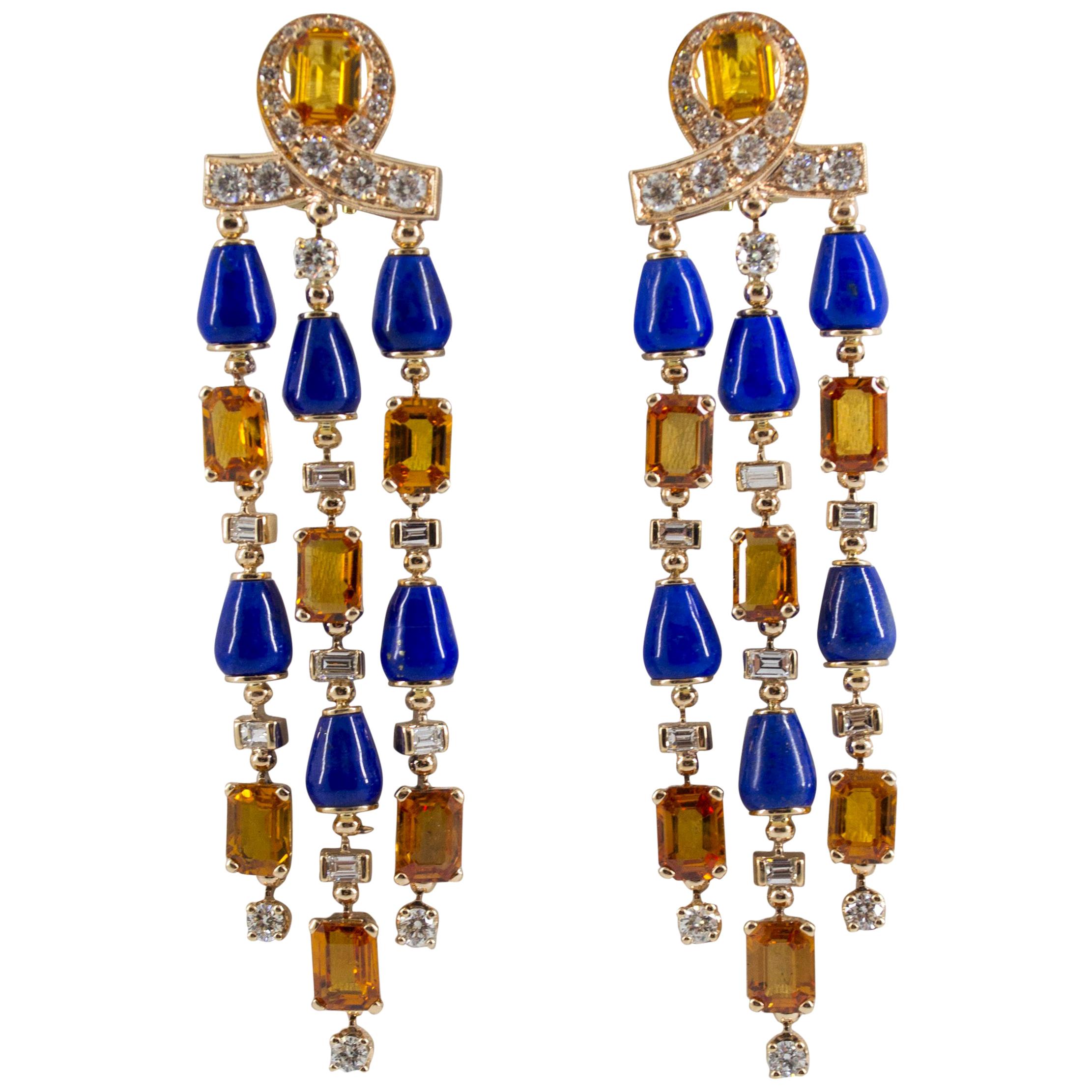 Clips d'oreilles de style Art déco en or jaune avec diamants blancs, saphirs jaunes et lapis