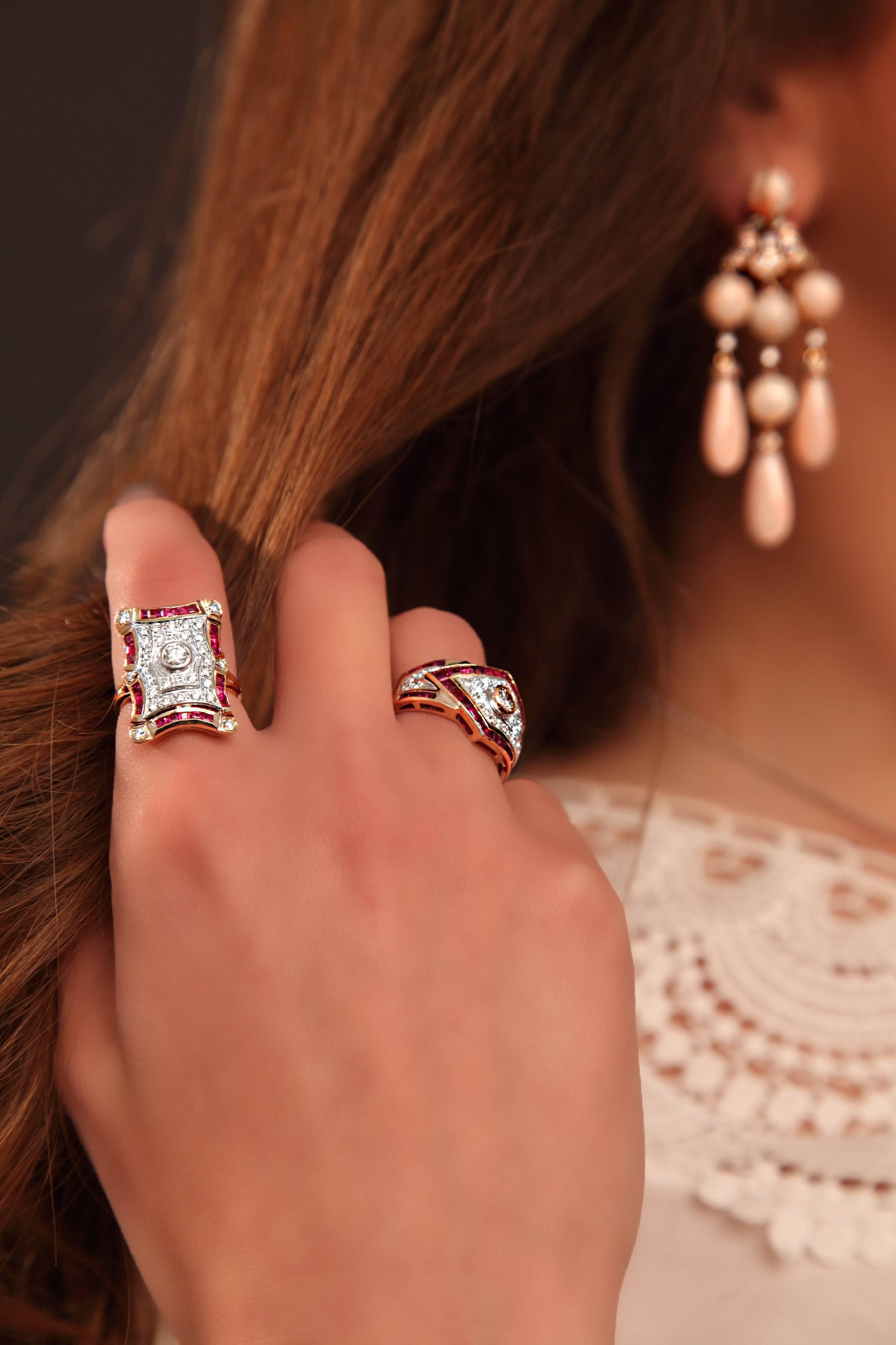 Art Deco Style White Diamonds and Ruby Yellow Gold Cocktail Ring For Sale 7