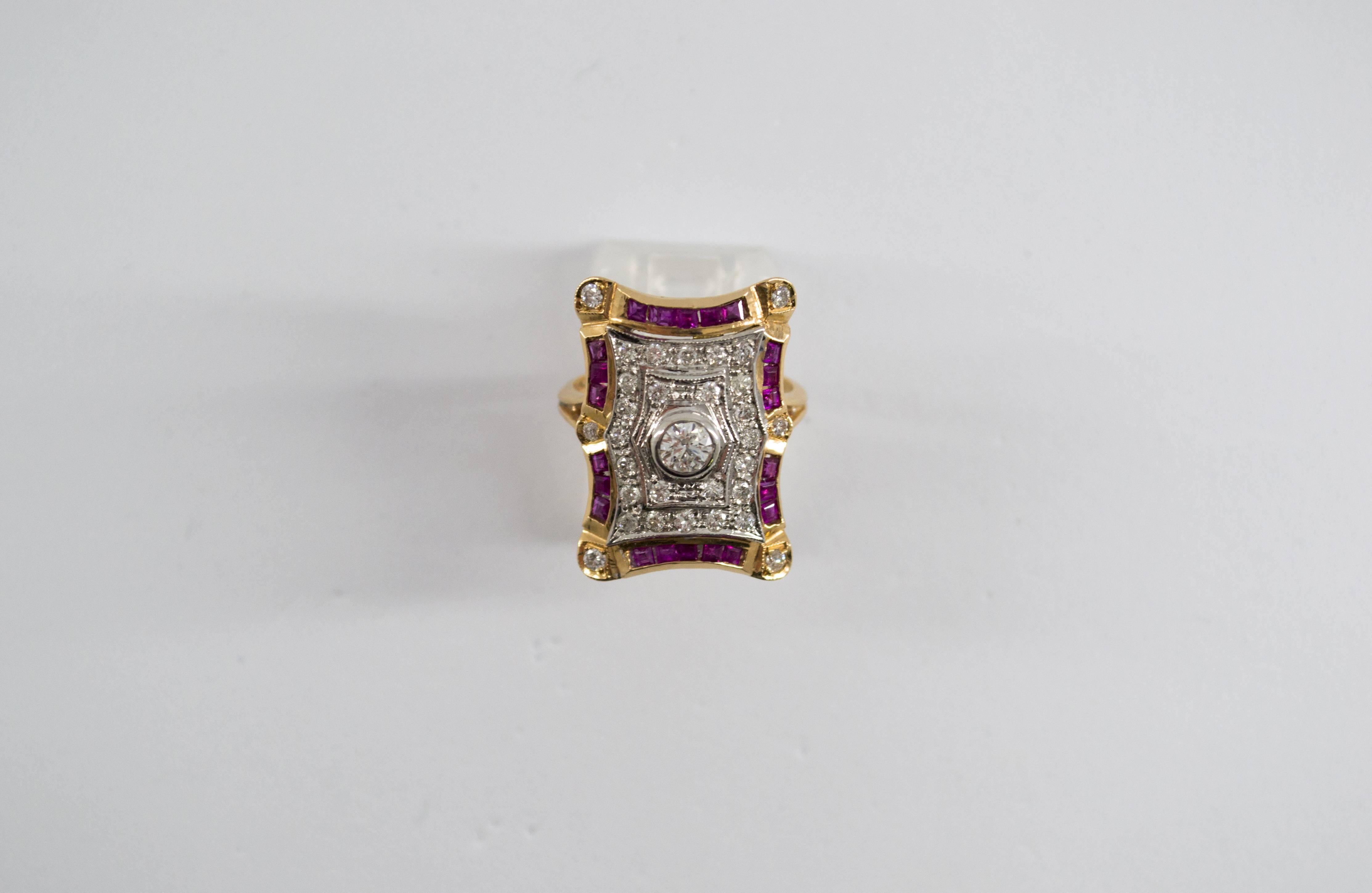 Brilliant Cut Art Deco Style White Diamonds and Ruby Yellow Gold Cocktail Ring For Sale