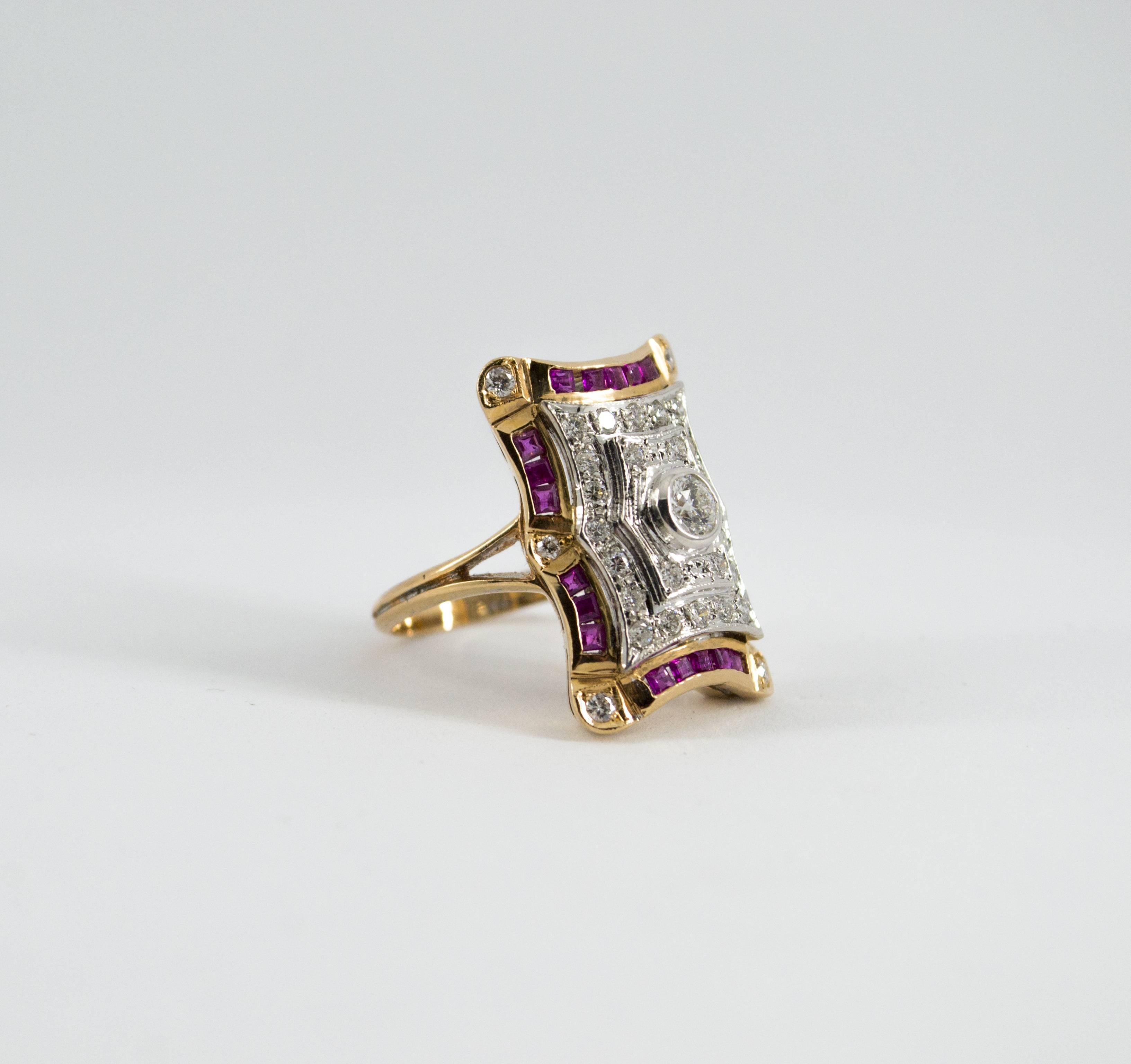 Women's or Men's Art Deco Style White Diamonds and Ruby Yellow Gold Cocktail Ring For Sale