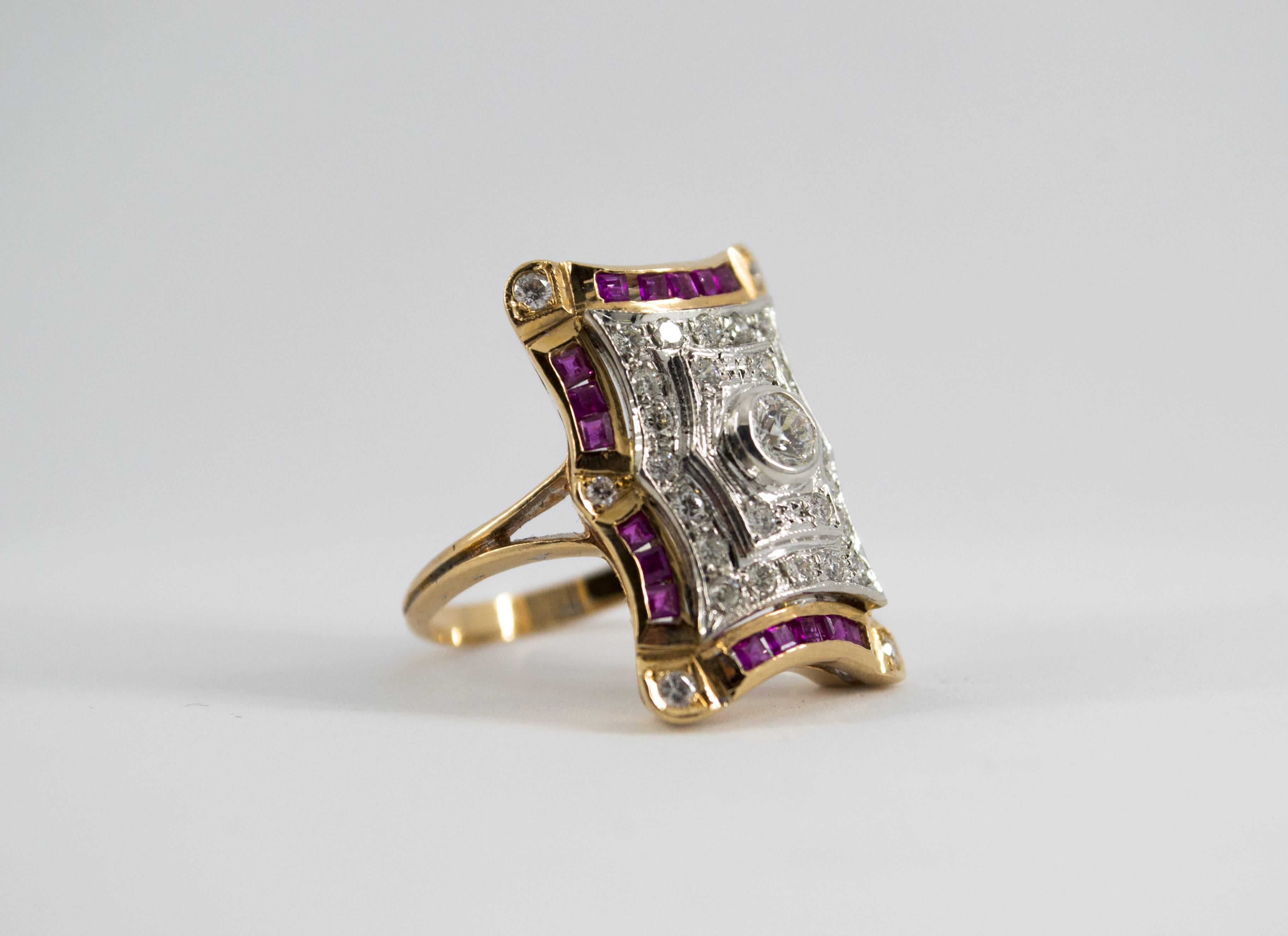 Art Deco Style White Diamonds and Ruby Yellow Gold Cocktail Ring For Sale 1