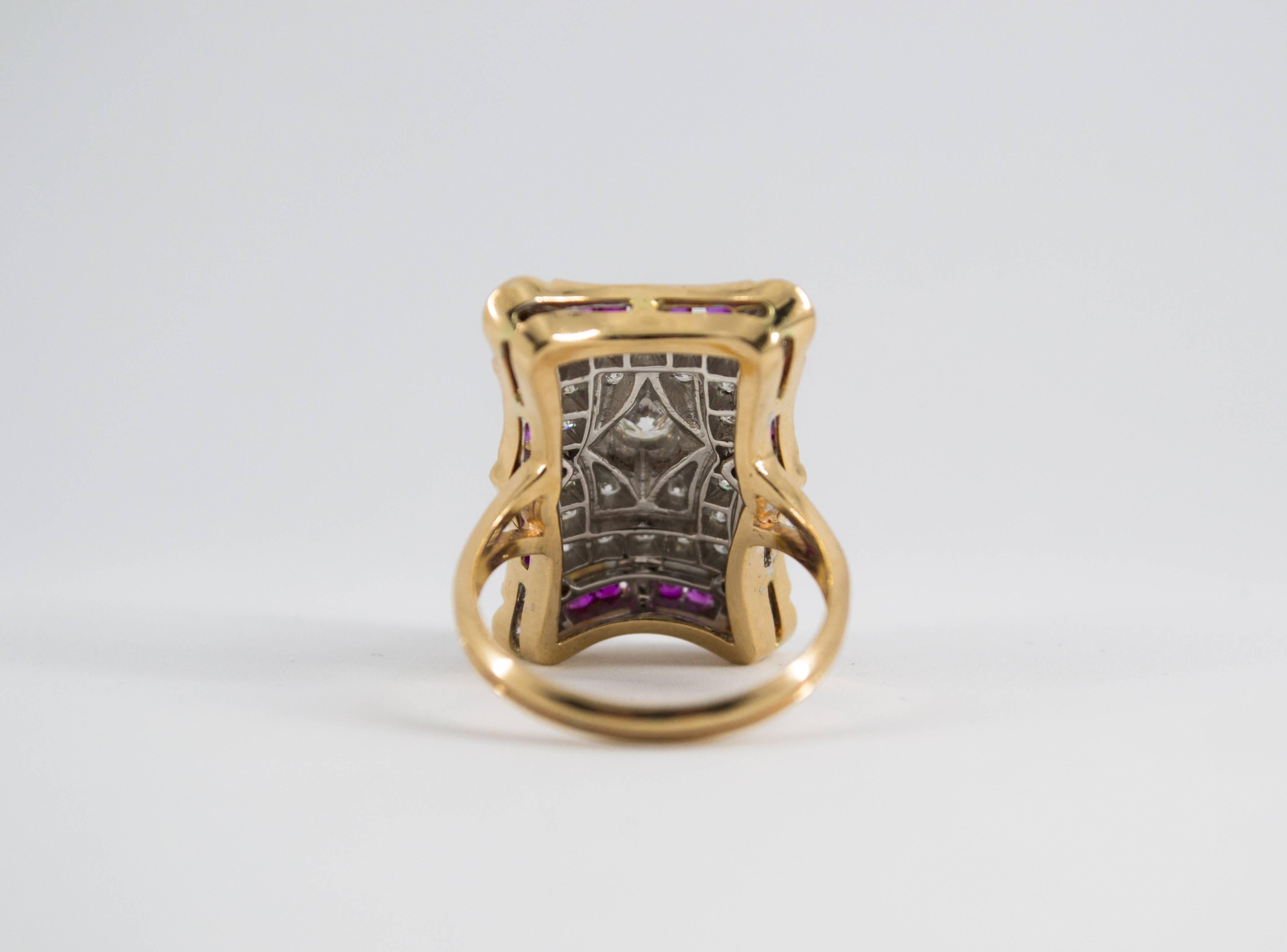 Art Deco Style White Diamonds and Ruby Yellow Gold Cocktail Ring For Sale 3